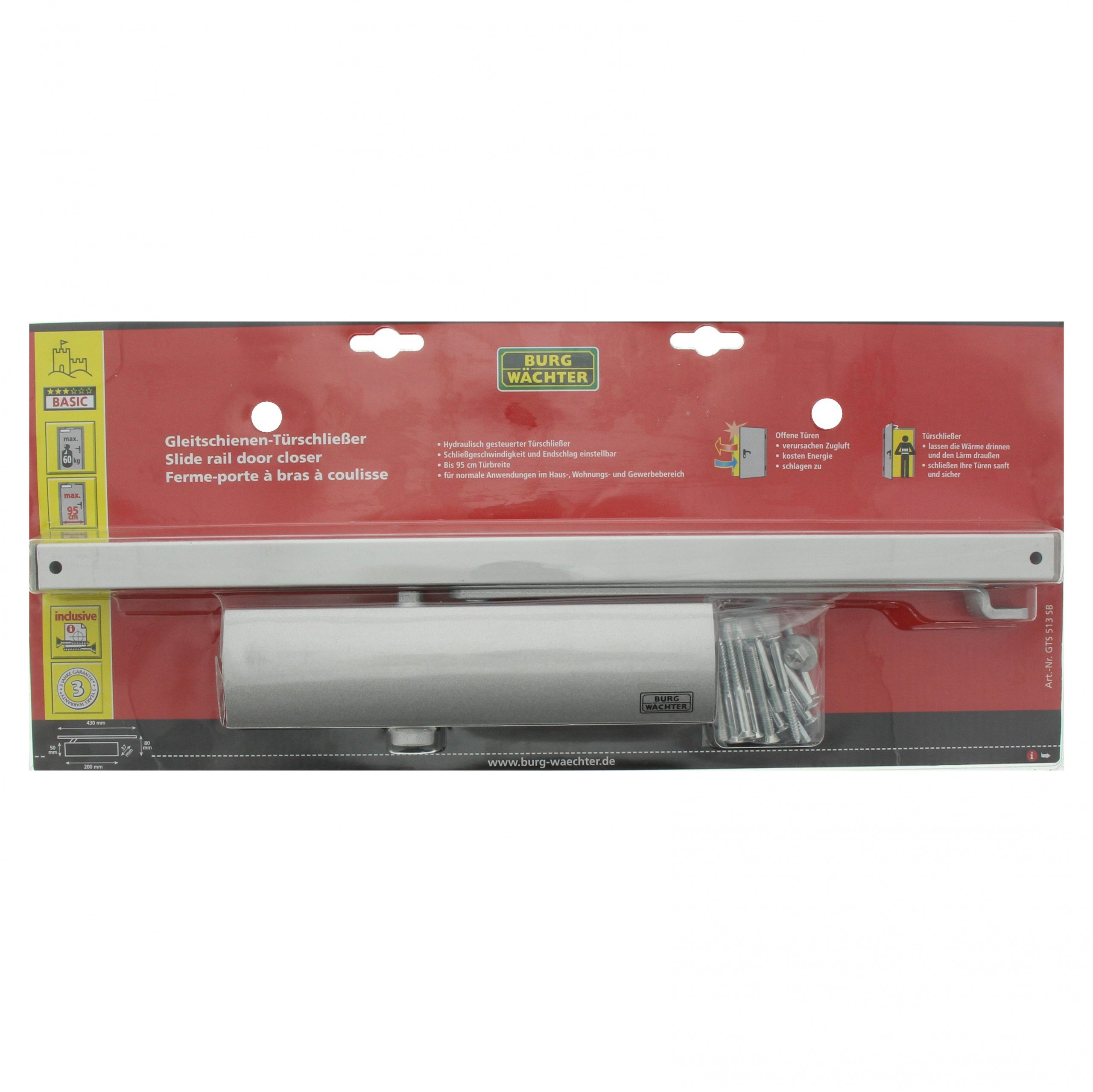 BURG-WÄCHTER Chiudiporta per porte interne, Funz. blocco, Meccanismo idraulico, Regolabile, Guida scorrimento, Largh. fino a 95 cm, Peso fino a 60 kg, GTS 513 S, Argento