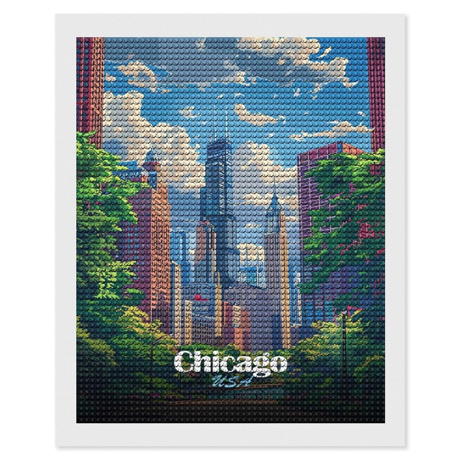 Junmoney Chicago Skyline Illustration Diamond Art Canvas 16"x20", for Adults, Good for Quiet Evenings, Bedroom Decor, Festive Craft Gift, Easy to Enjoy