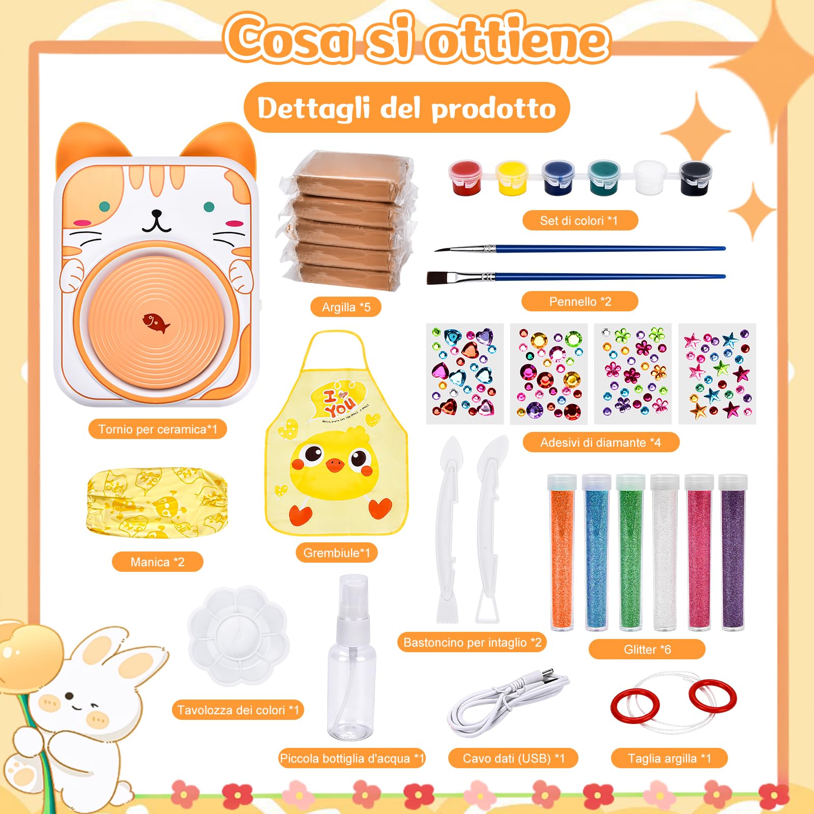 IEEILULU Ruota per Ceramica per Bambini, Kit Ruota in Ceramica Elettrica, Macchina per Ceramica con Argilla, Colori, Adesivi Diamantati, Regalo per Ragazze e Ragazzi (Gatto)