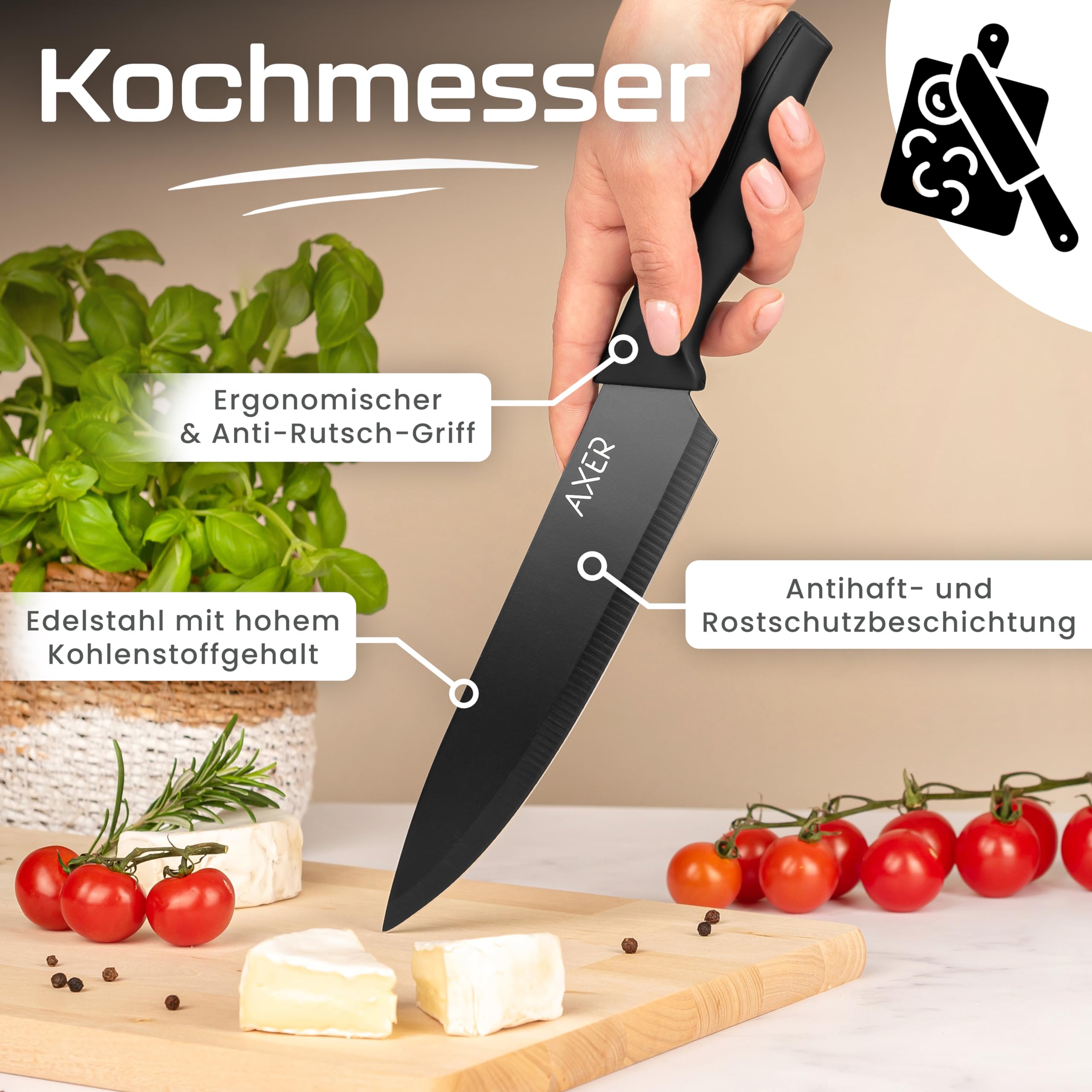 Axer Nóż szefa kuchni 20 cm – ostry nóż kuchenny z osłoną ostrza – czarny nóż szefa kuchni – ostry nóż szefa kuchni – nóż ze stali węglowej z pochwą