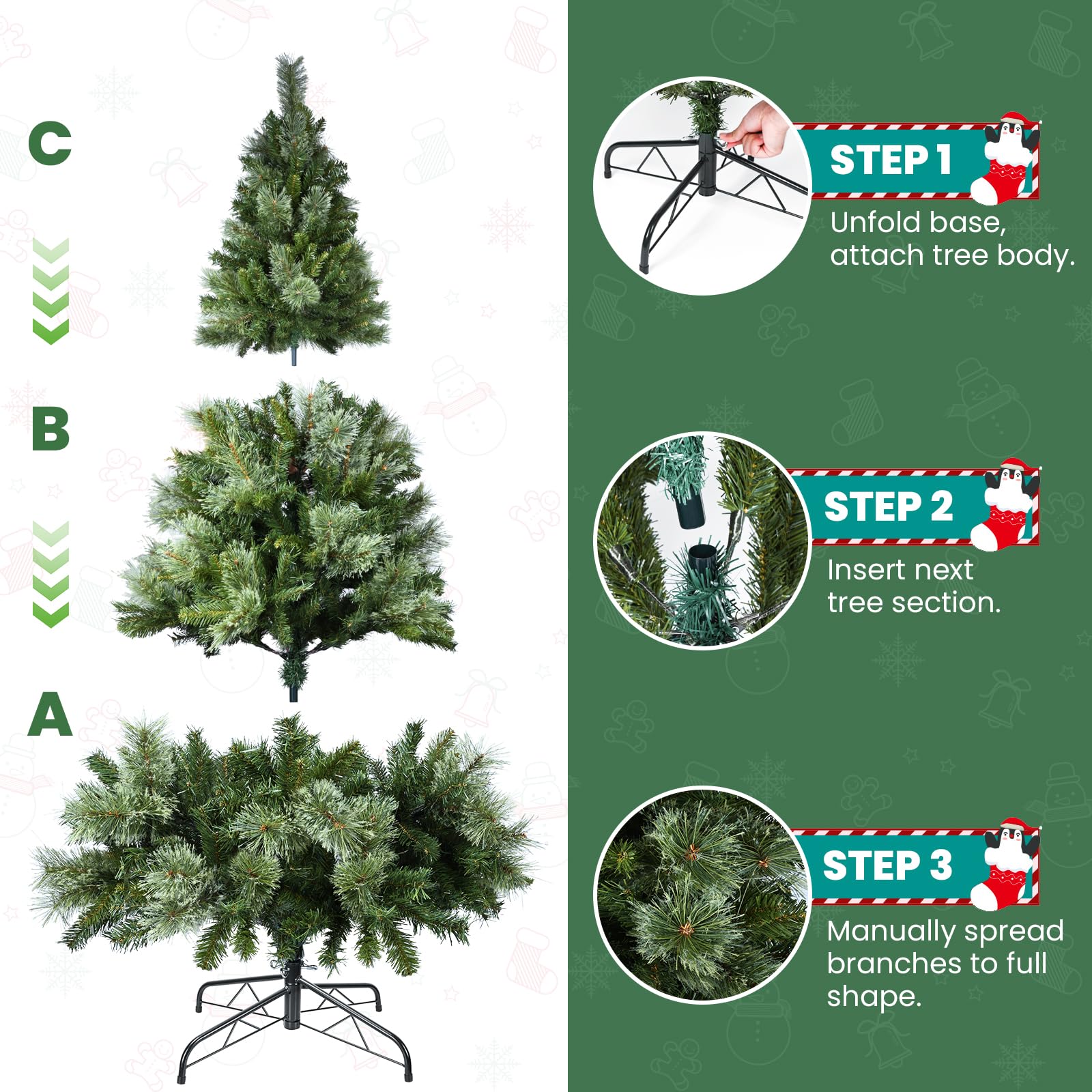 YEAUPE PRO Sapin de Noël Artificiel en PVC 160cm avec 800 Pointes, 3 Parties pour Montage Facile, Compact, Support Métallique