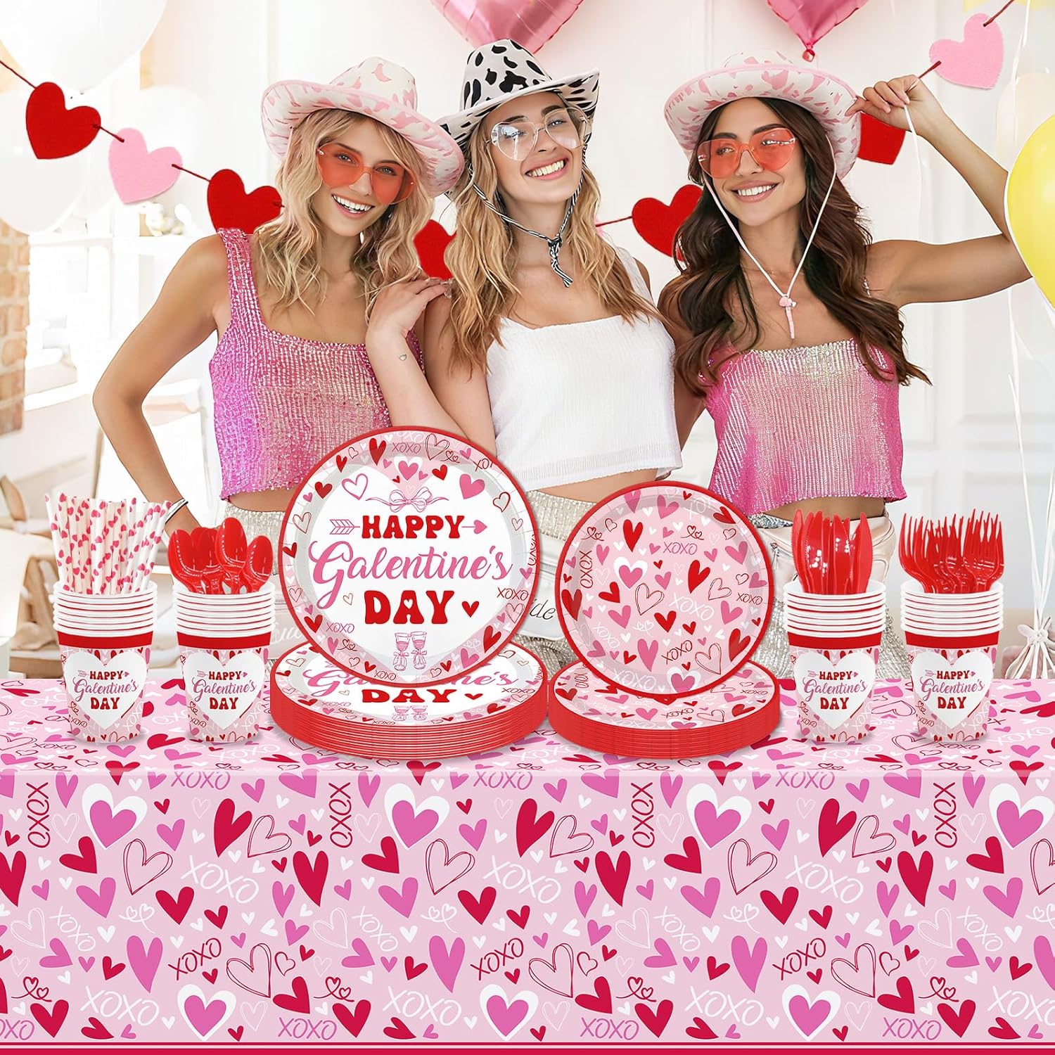 194 Pcs Galentines Day Party Plates Set Happy Galentine's Day Tableware Set Hearts Galentines Gang Decoration for Women Girls Romantic Valentine's Day Party Supplies for 24 Guests