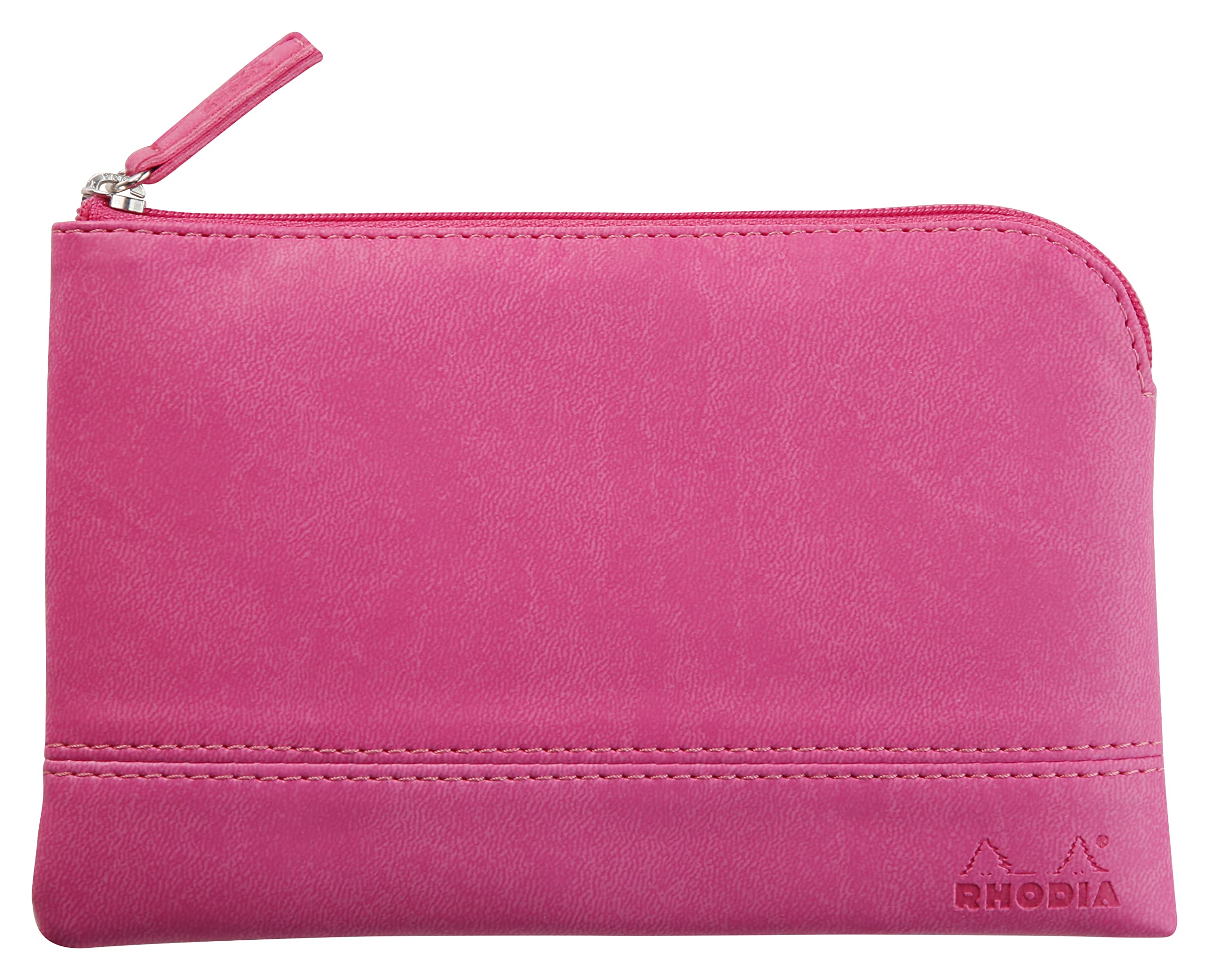 RHODIA 116542C - Faux Leather Zippered Pouch - Fuchsia - Size S (11 x 17 cm) - Genuine Stitching - Orange Fabric Inside - Storage for Documents, Small Supplies