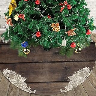 Christmas Tree Skirt Round -Rustic Barn Wood & Lace Romantic Winter Snow Design, 30" Holiday Decor, Xmas Party Home Decoration