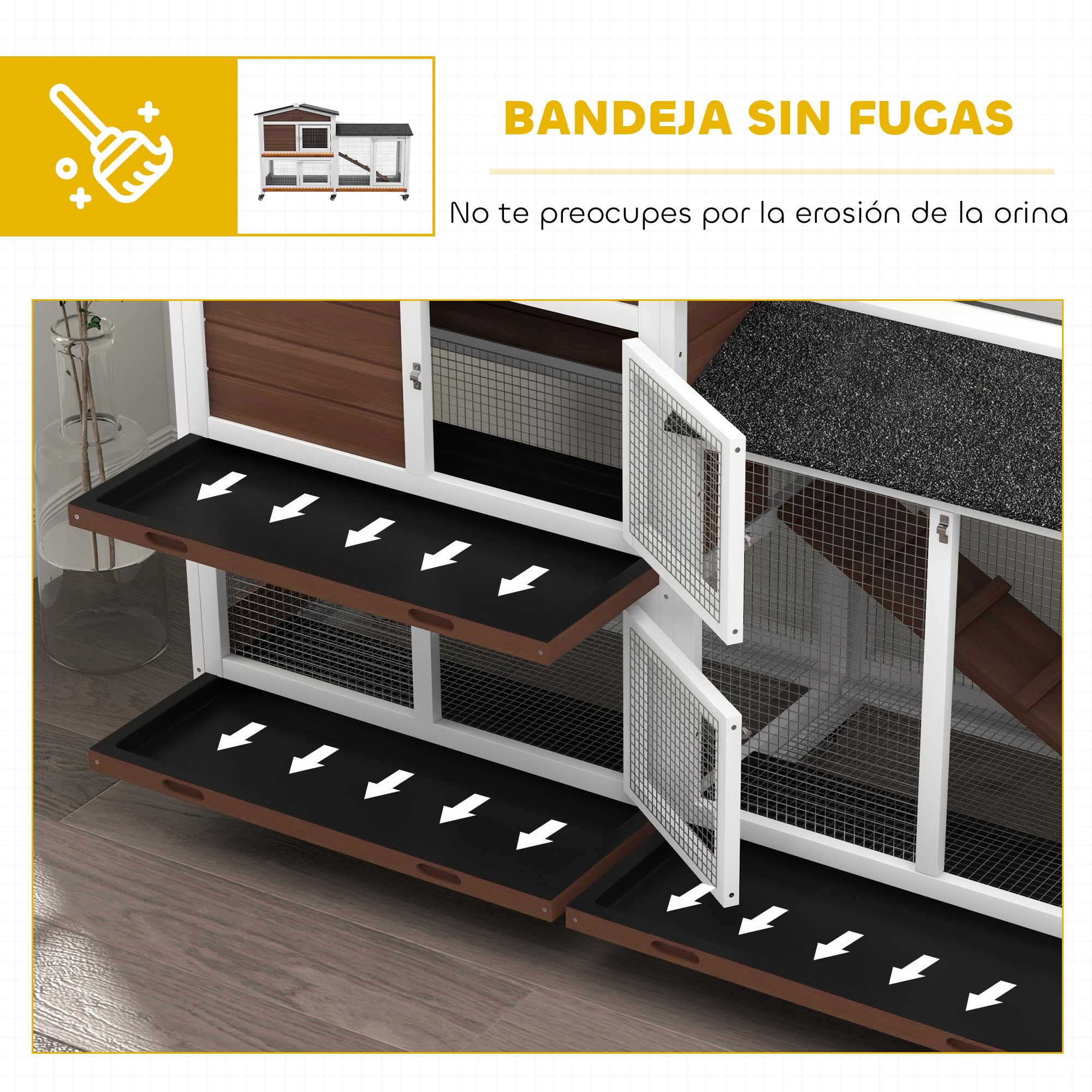 PawHut Conejera de Madera con Ruedas 157,4x53x99,5 cm Jaula para Conejos Grande con Techo Asfáltico Bandejas Extraíbles y Rampa para Exterior e Interior Marrón