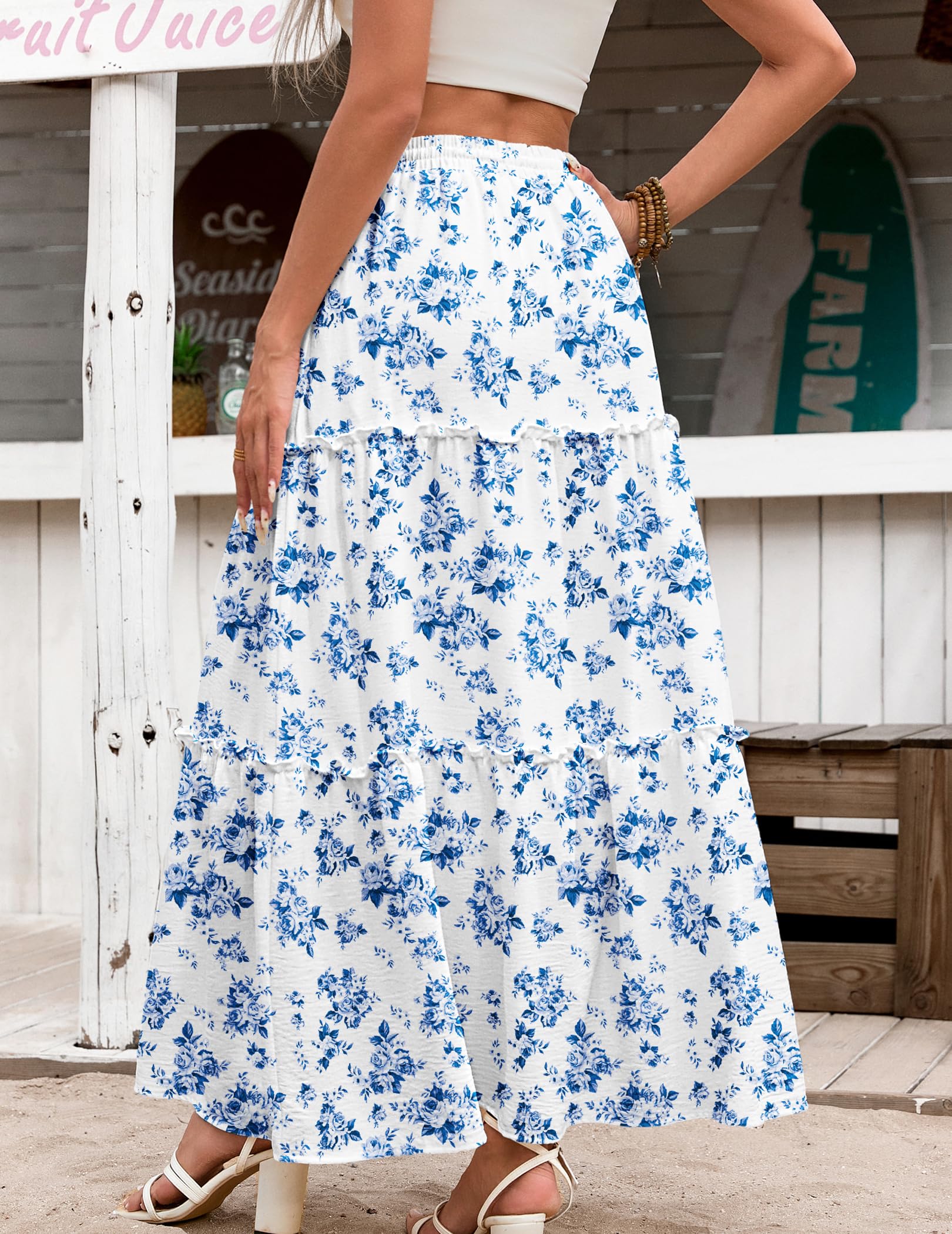 HOTOUCH Damen Röcke Elegant Maxirock Elastische Hohe Taille Langer Rock mit Taschen Casual Sommer A Linie Röcke für Frauen UK Boho Urlaub Strand Rock