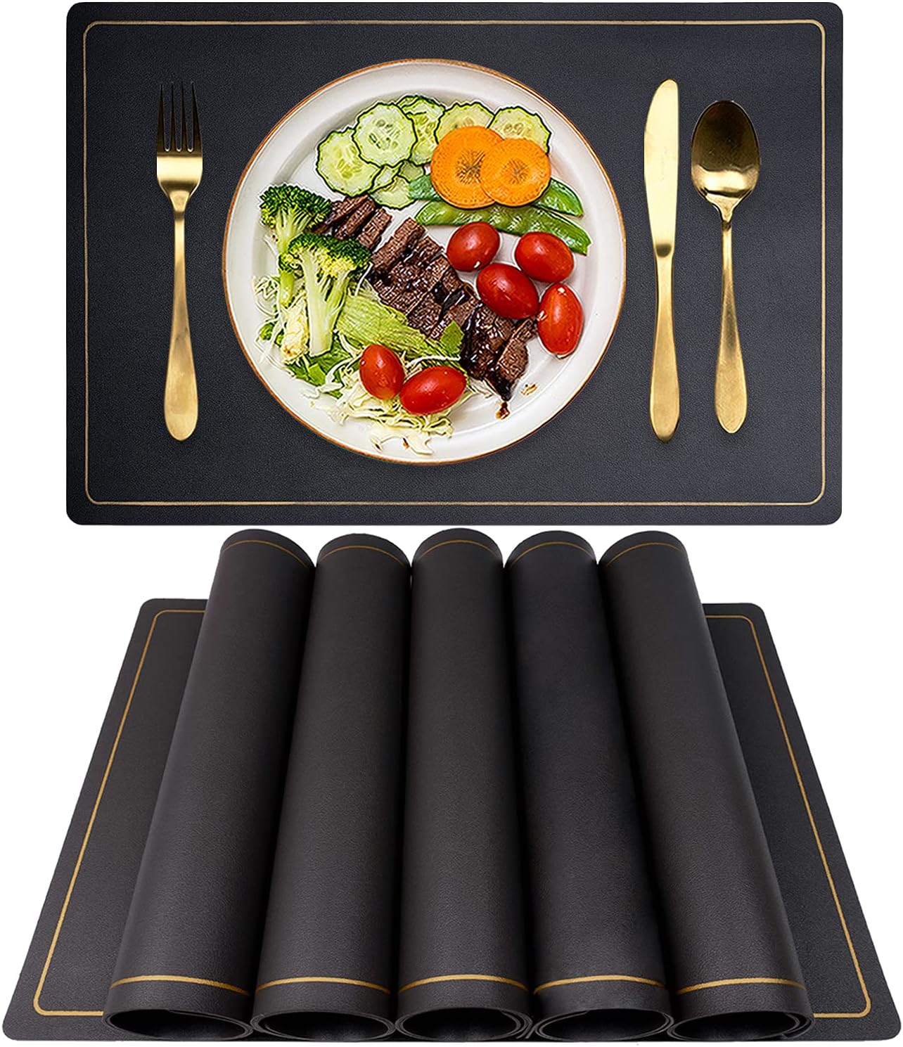 Ablieve Black Placemat for Dining Table Set of 6, Waterproof Wipeable PU Leather Place Mats ...
