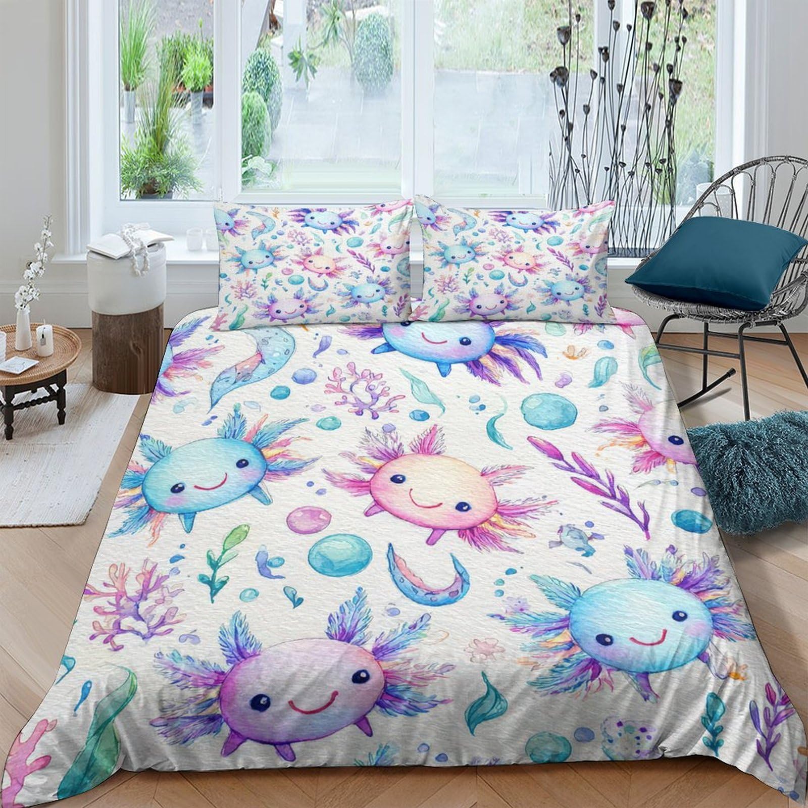 Ctjqhvkz Style-9 3D Printed Cute Axolotl Fitted Sheet Microfiber Soft Pastel Underwater Bed Cover For Bedroom Dorm Decor Single（135X200cm）