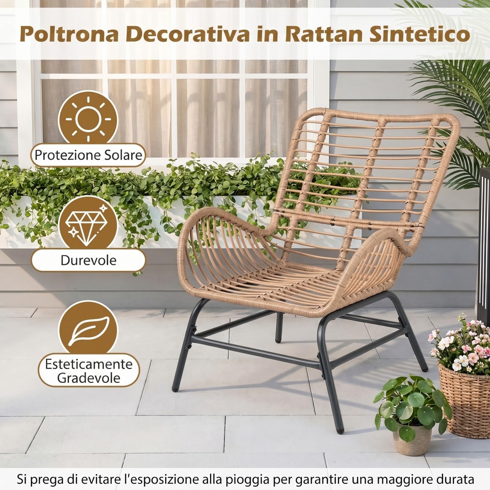 COSTWAY Poltrona Relax da Giardino, Sedia in Rattan con Cuscino Morbido, Telaio in Metallo, Poltrona Ergononica in Rattan per Giardino, Balcone Soggiorno, Portata 180 kg (Bianco,1)