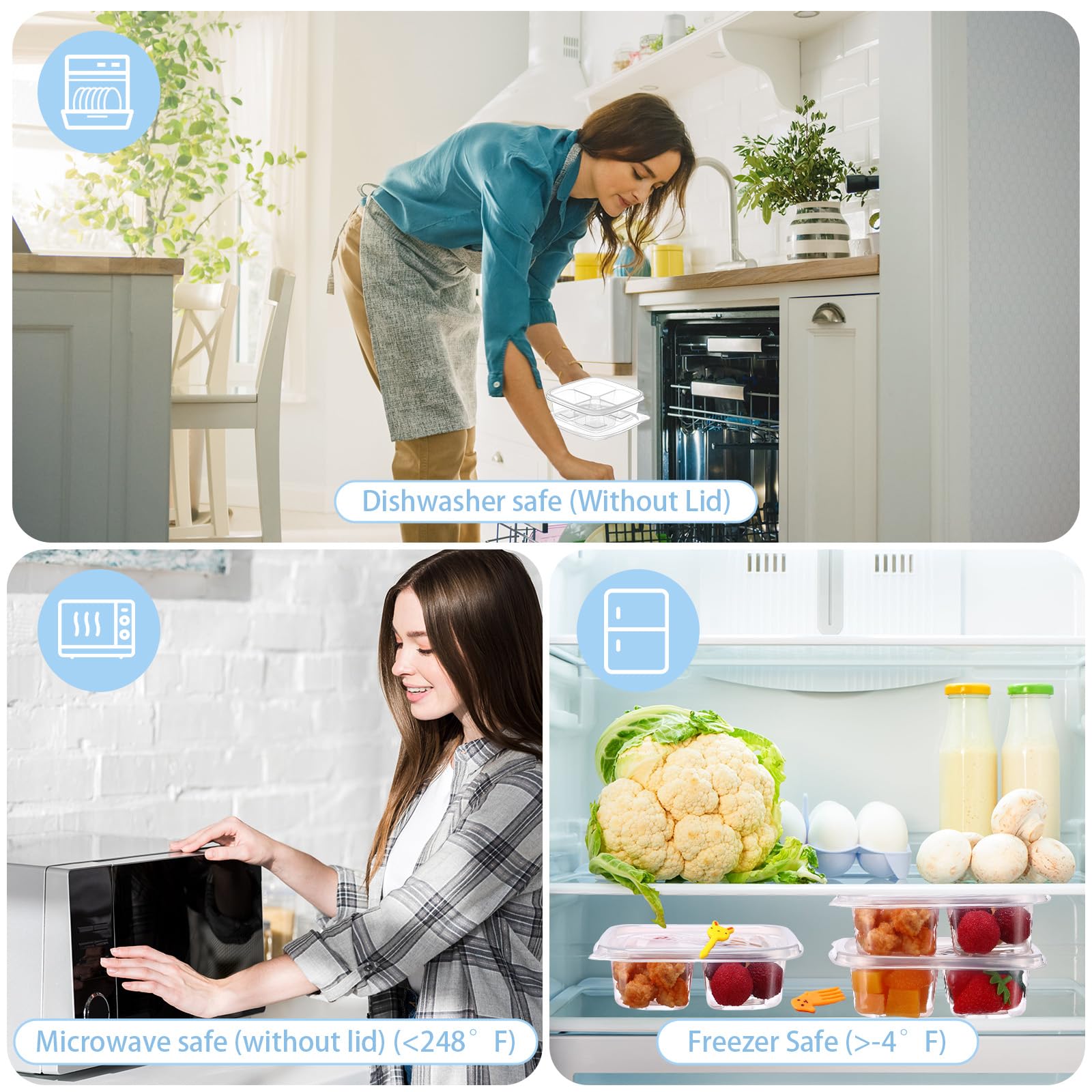 Dandat 50 recipientes de plástico transparente con tapas, 4 compartimentos, cajas de aperitivos Bento reutilizables con 50 palillos de comida de animales para niños, adultos, escuela, oficina, trabajo