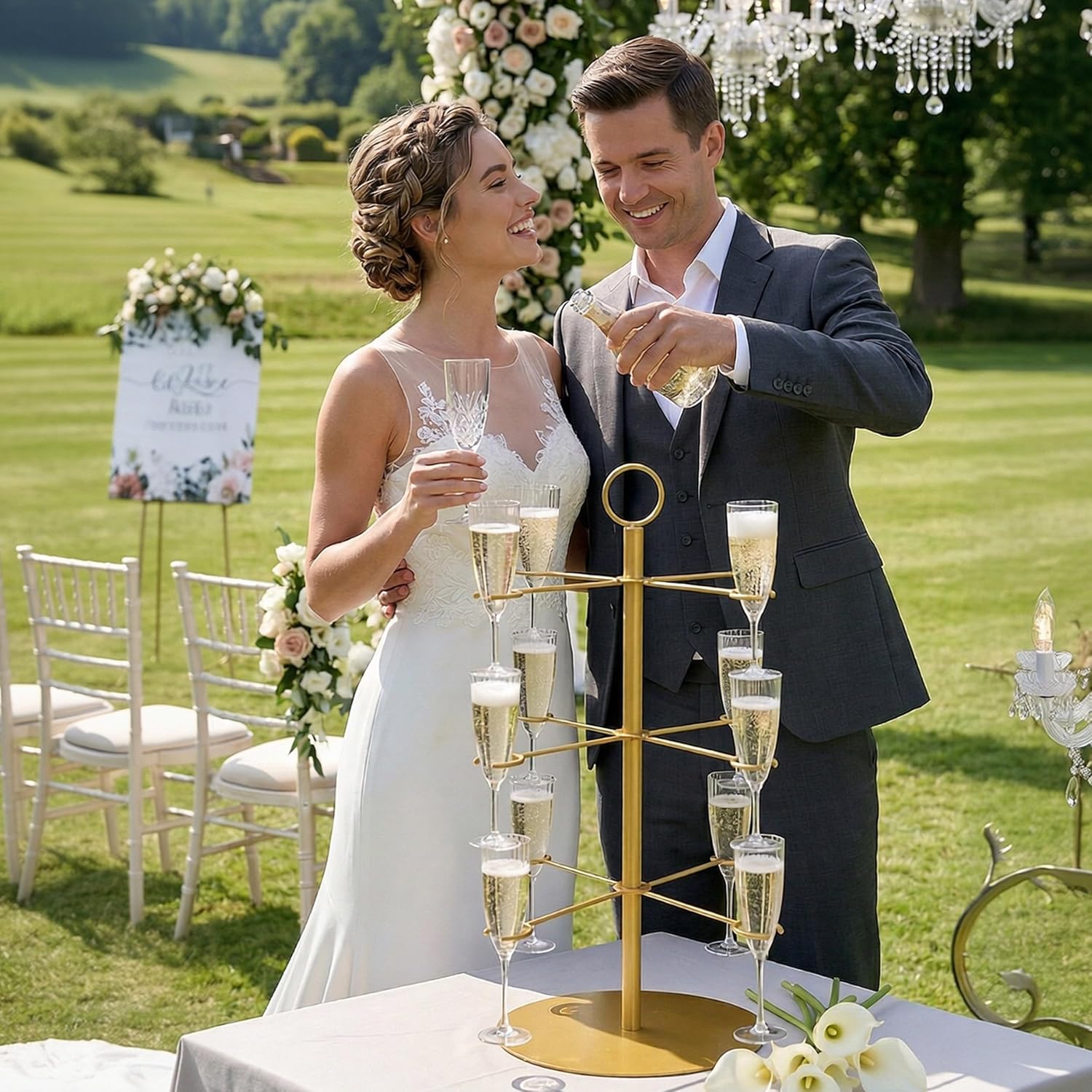 Coomin Champagne Tower Stand for Parties, Metal 12 Glasses Cocktail Tree Stand for Drinks, Drink Tower Wine Holder for Martini Margarita - Without Wine Glass