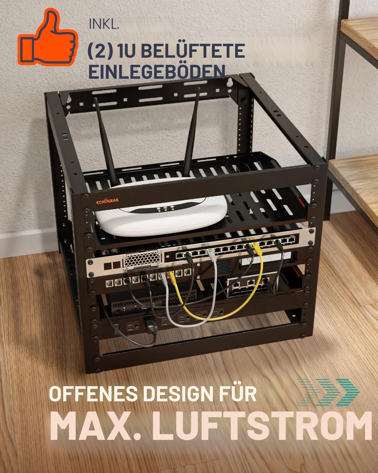 ECHOGEAR 10U Netzwerk-Rack, Wandmontage, Robustes 4-Pfosten-Design für alle Ihre Netzwerk- und AV-Geräte, offenes Rahmen-Design, inklusive 2 belüfteten 1U-Regalen und Montagezubehör