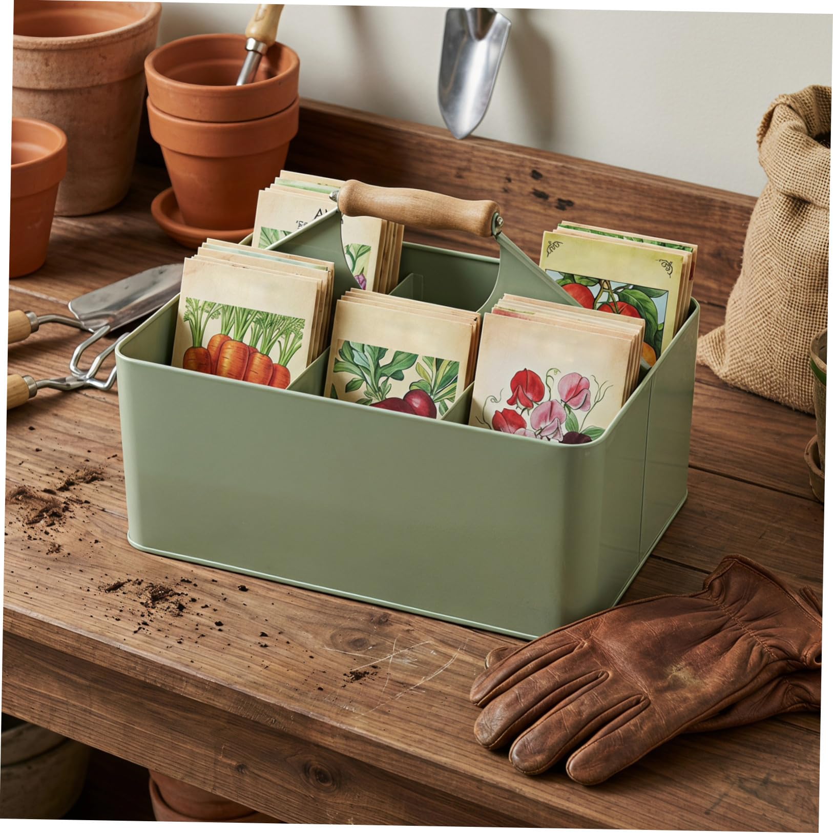 Caja de Almacenamiento Apilable para Semillas de Jardín de Hierro Verde con 4 Compartimentos y Asa y Fiable para Transporte en Bancos de Plantación