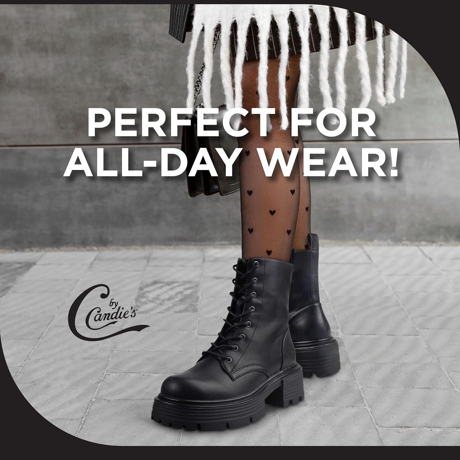 CANDIE'S Regine Lace Up Combat Boots for Women, Mid-Calf Lace Up Boots, Platform Lug Sole Heeled Boots with Side Zip, Chunky Heel Black Boots
