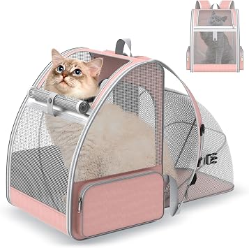 Cat Backpack Carrier for Travel Expandable Mesh Design, Up to 15 Lbs, Pink