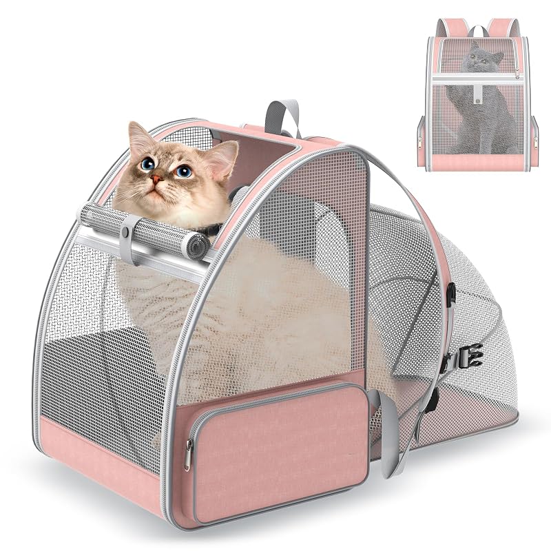 Mochila para transporte de gatos expansível com tela respirável ipetstation Rosa