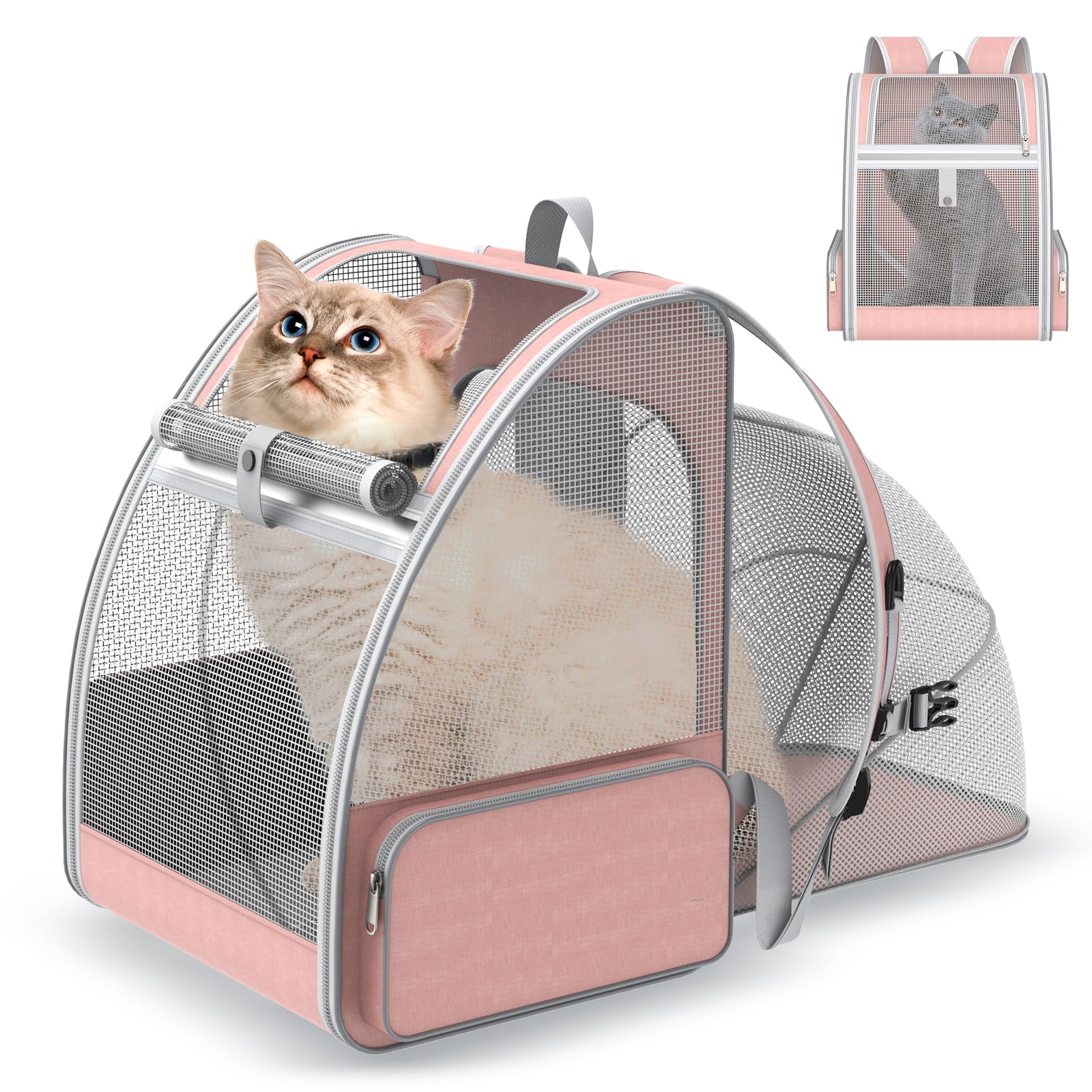 Cat Backpack Carrier Expandable for Travel: Foldable Pet Backpack with Breathable Mesh for Medium Small Dog Cat Puppy Kitten up to 15 Lbs, Cat Carrier Soft Backpack for Hiking Camping Outdoor(Pink)