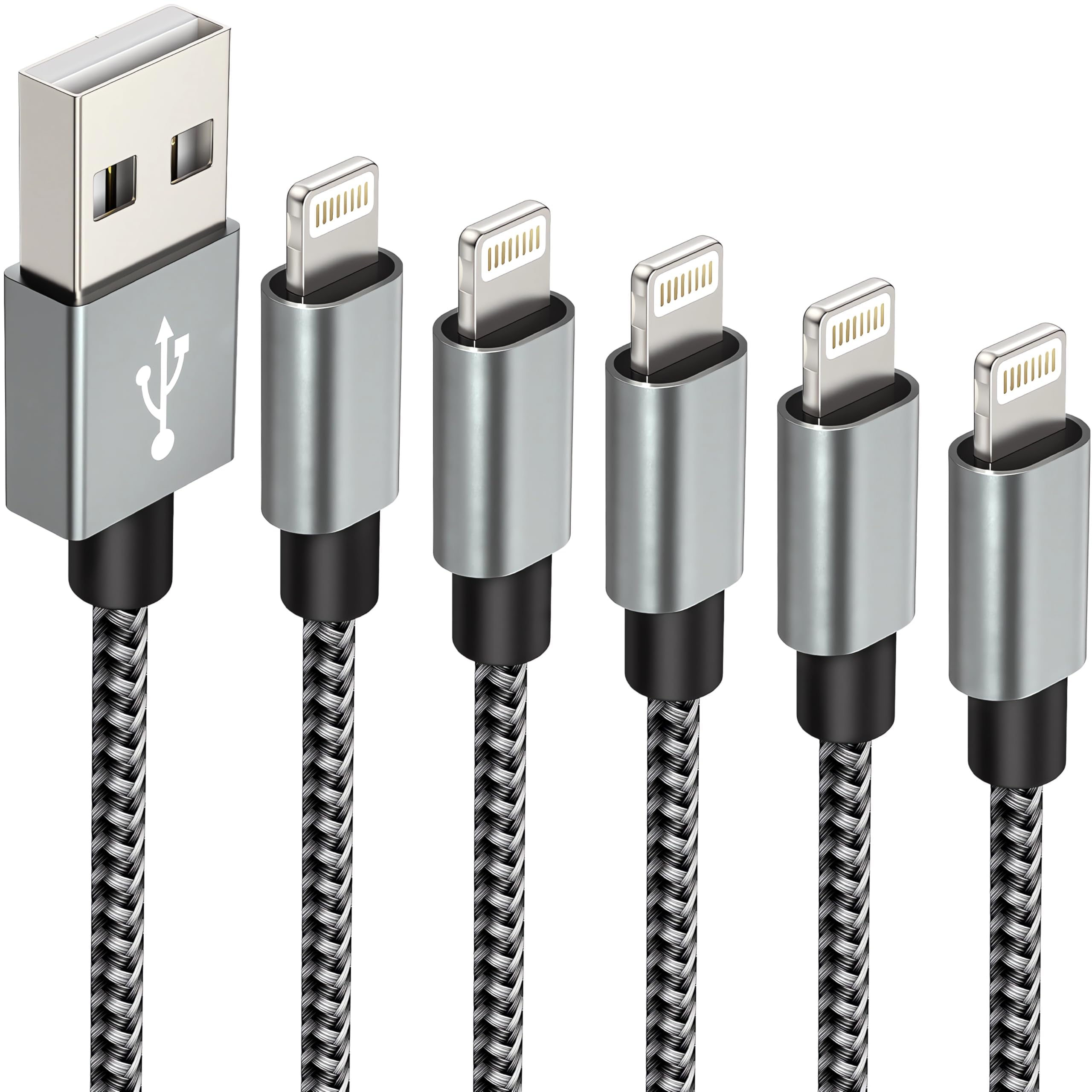 5-pak iPhone Lightning Cable Apple Certified Braided Nylon Fast Charger Cable Compatible iPhone Max XS XR 8 Plus 7 Plus 6s 5s 5c Air iPad Mini iPod