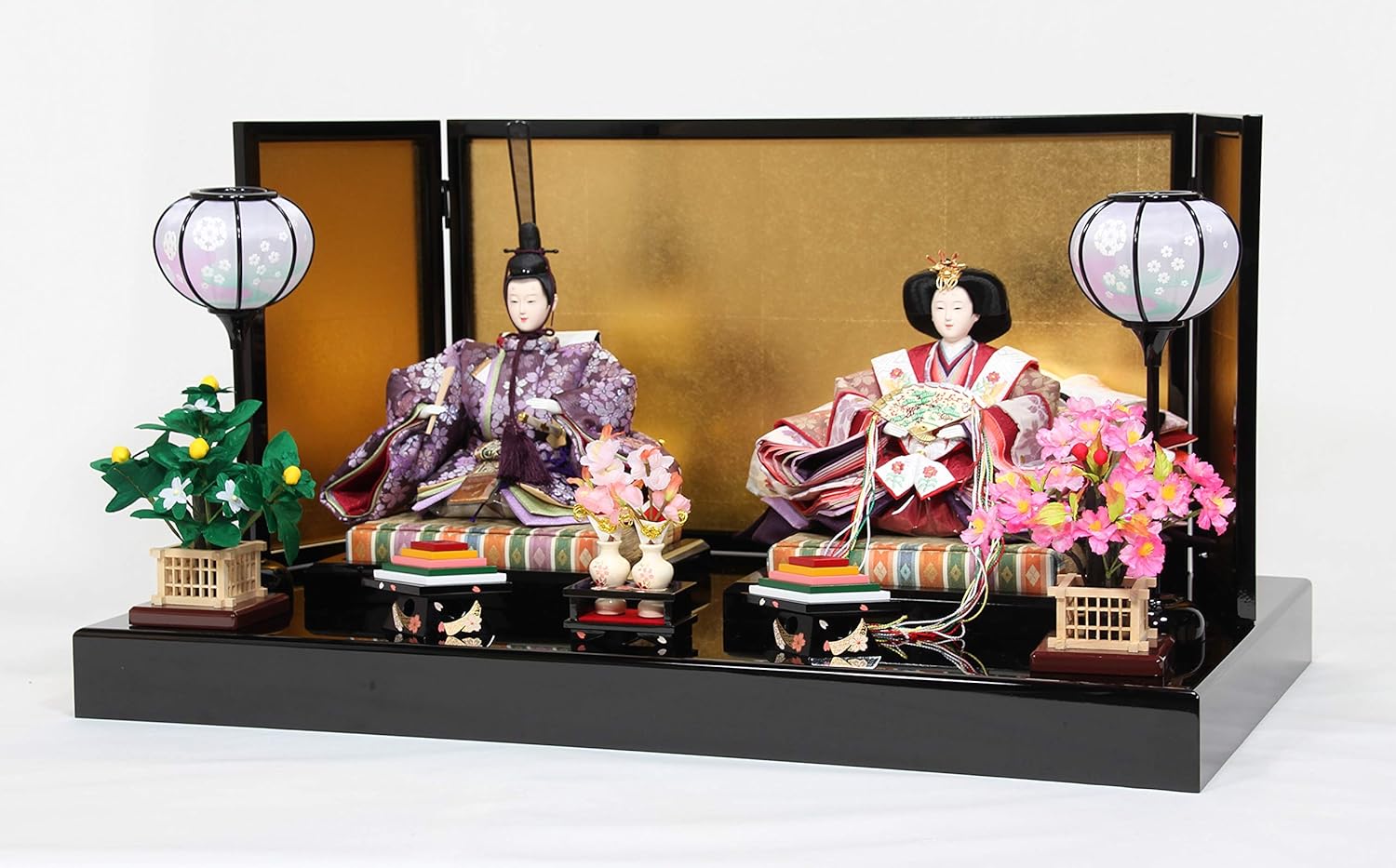 長峰窯 立ち雛 紫盛 屏風.台座.木札付き 箱入り 九谷焼 長峰窯 立ち雛