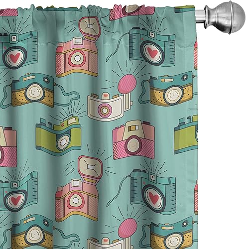 Ambesonne Cortinas retro para ventana, diseño hipster alegre, cámaras de fotos analógicas antiguas, equipo de película estilo garabato, decoración