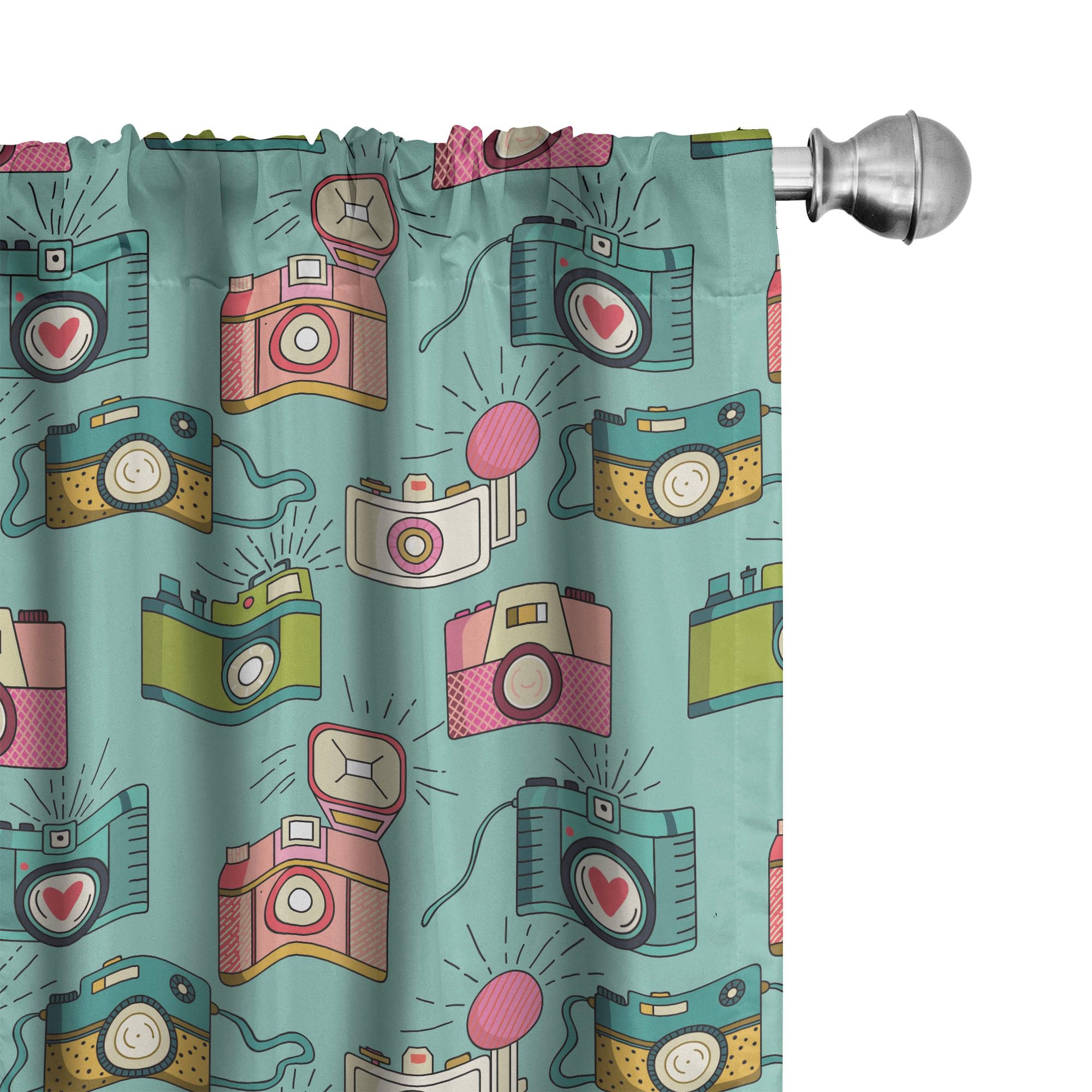 Ambesonne Retro Window Curtains, Cheerful Hipster Pattern Old Analogue Photo Cameras Doodle Style Film Equipment, Lightweight Decor 2-Panel Set with