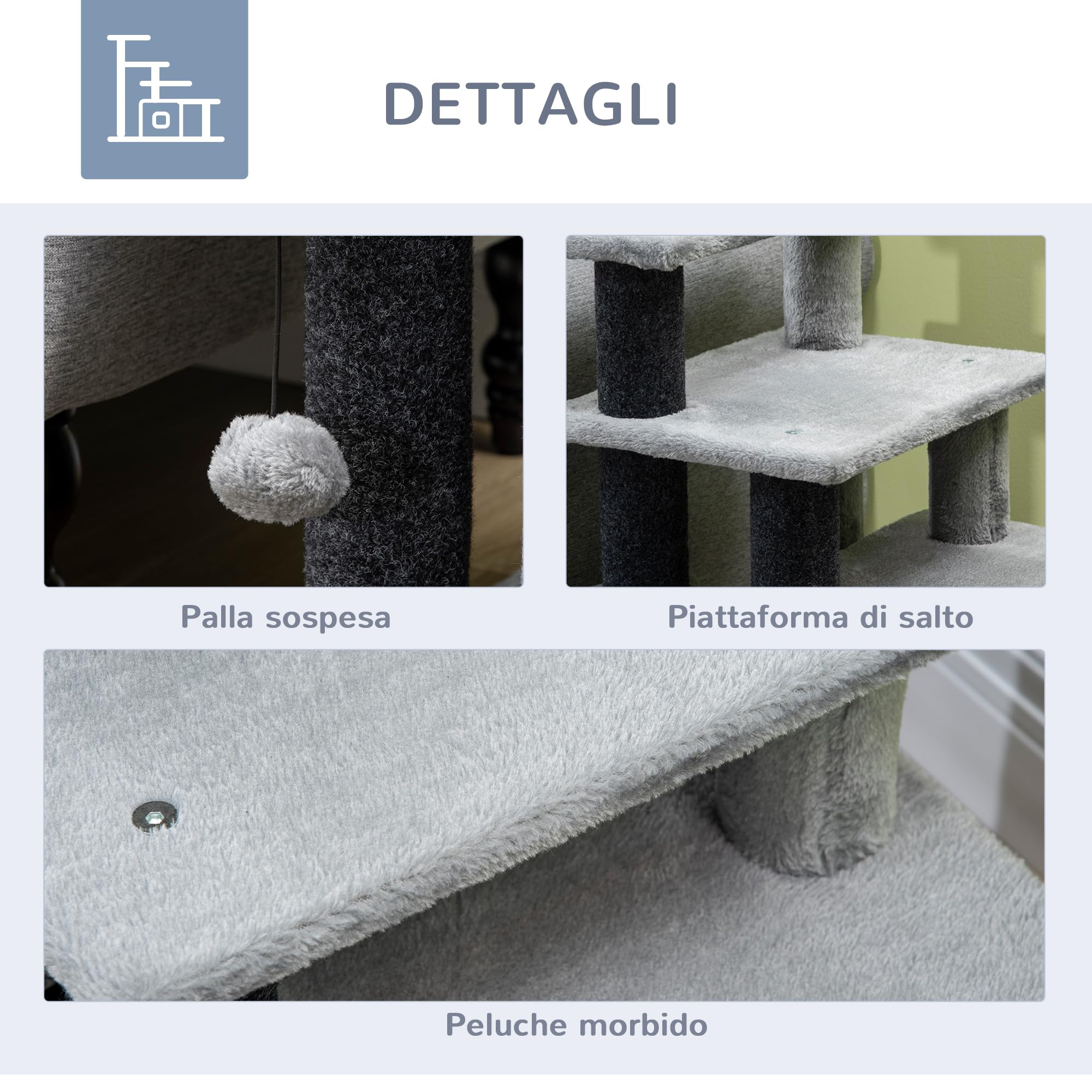PawHut Scaletta per Cani con Gradino Rimovibile, Pallina Giocattolo e Area Interna, Scalini per Cani in Truciolato, Peluche e Sisal, 60x40x66 cm, Grigio