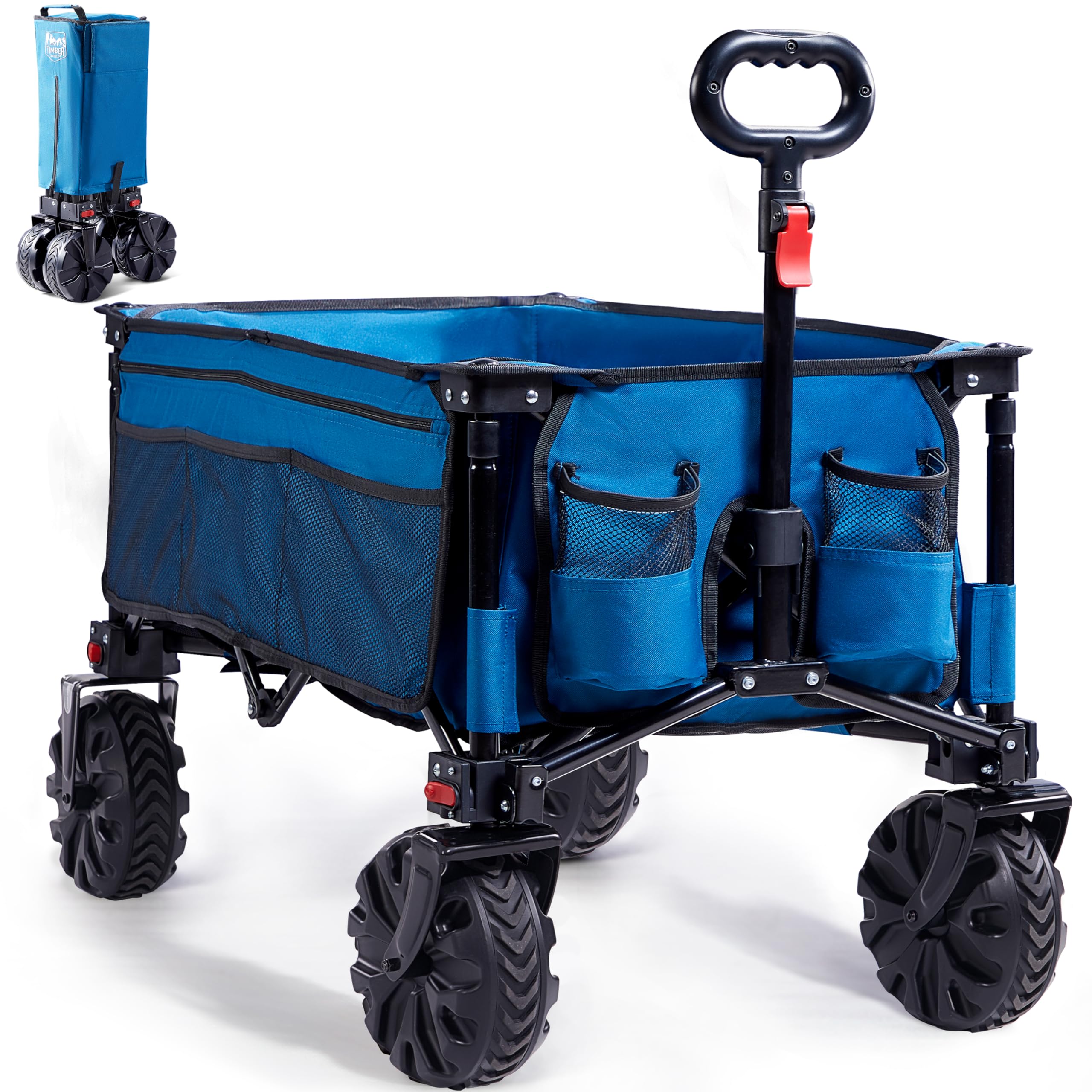 TIMBER RIDGE XXL Bollerwagen Faltbar Breite Reifen Strandwagen mit Seitentasche Getränkehalter Verstellbarem Griff, Gartenwagen für Alle Gelände, Draussen Camping Einkaufen, 100kg Belastbarkeit