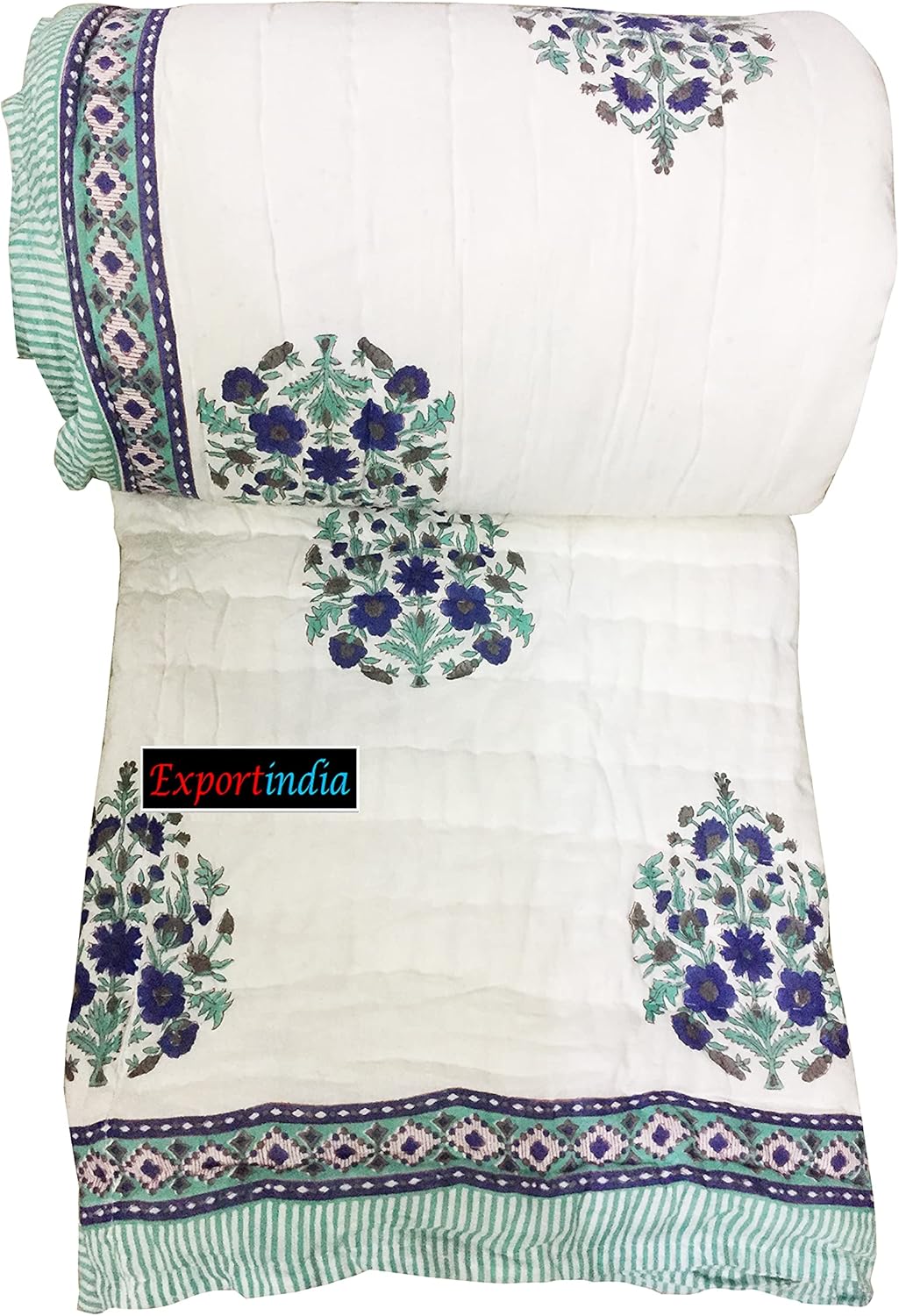 Hand Block Printed Quilt Cotton Jaipuri Razai Indian Sanganeri Printed Rajai Handmade Kantha Coverlet Quilt (King/Queen Size 90x108 Inch)