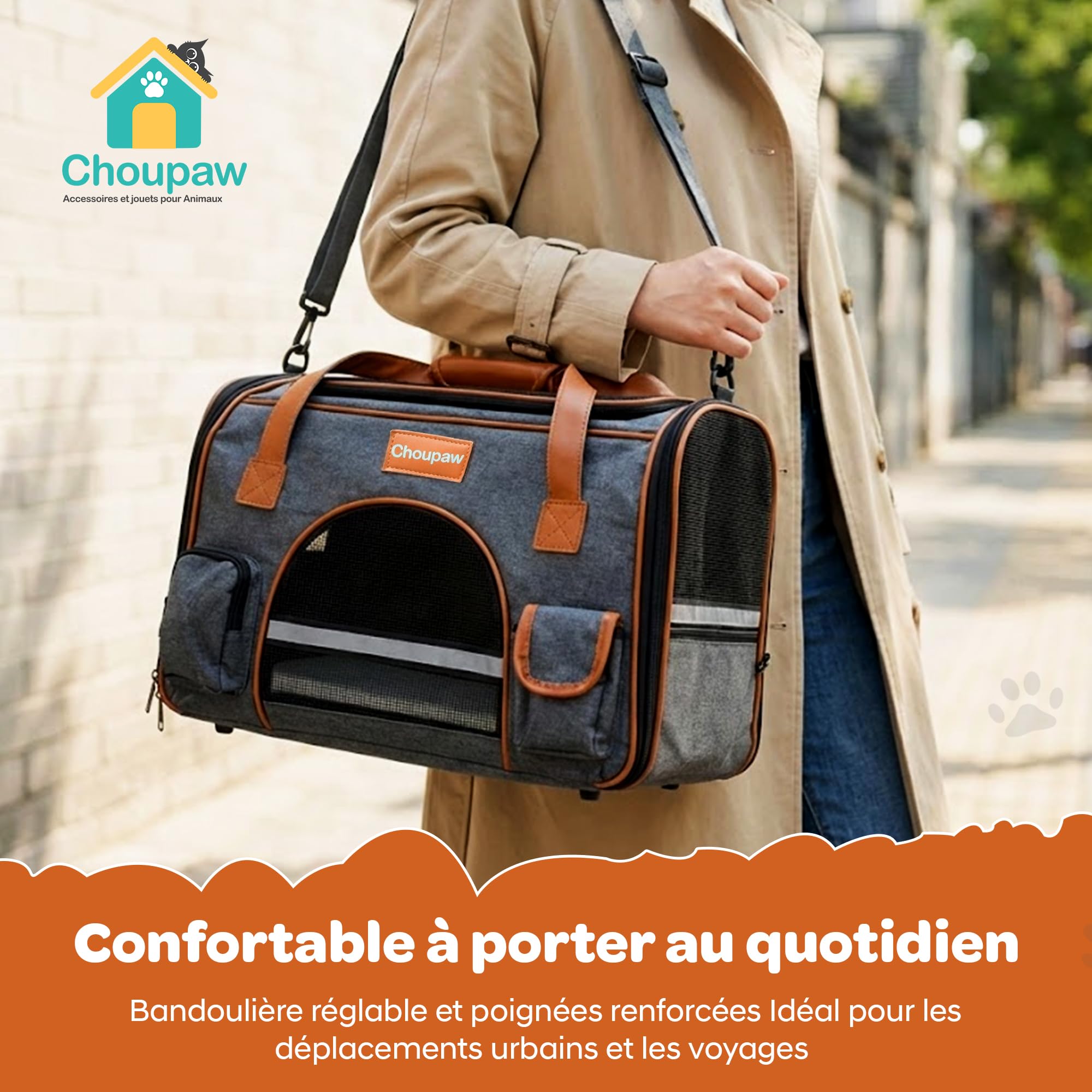 Choupaw Sac de Transport Chien et Chat 45 x 28 x 25 cm, Sac de Transport Cabine Avion Semi-Rigide avec Coussin Réversible Été/Hiver, Laisse Intérieure, Bandoulière Réglable et Bol Pliable Inclus