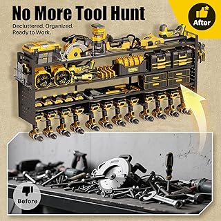 Large 49''W Power Tool Organizer Wall Mount | 620lbs Garage Storage Rack with 12 Cordless Drill Holder | 4-Tier Heavy Duty Utility Shelf for Battery Workshop Organization