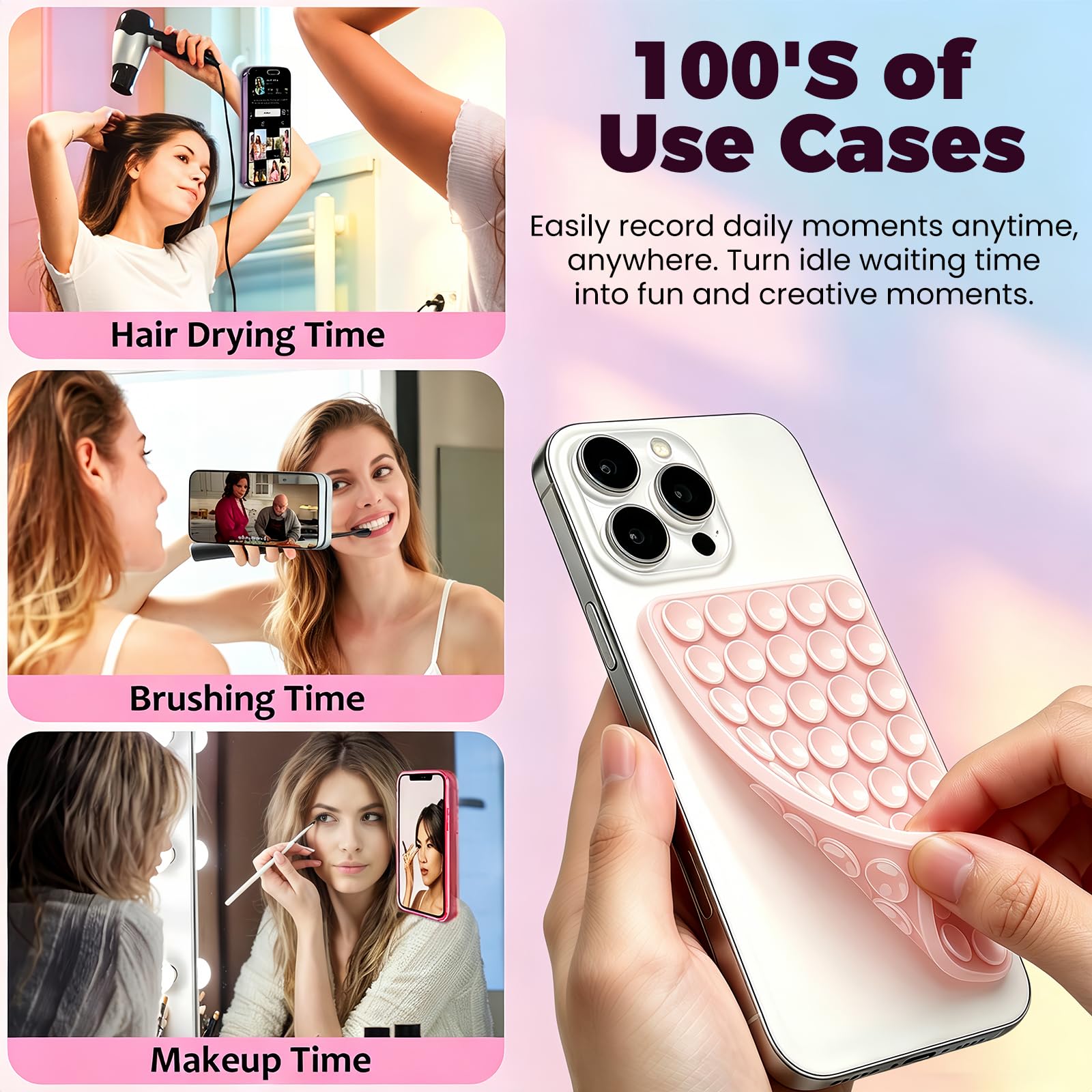 Anteel 2026 - Paquete de 2 fundas de silicona con ventosa de doble cara, accesorios antideslizantes para teléfono, soporte de silicona de agarre fuerte manos libres para selfies y videos (tiza rosa y