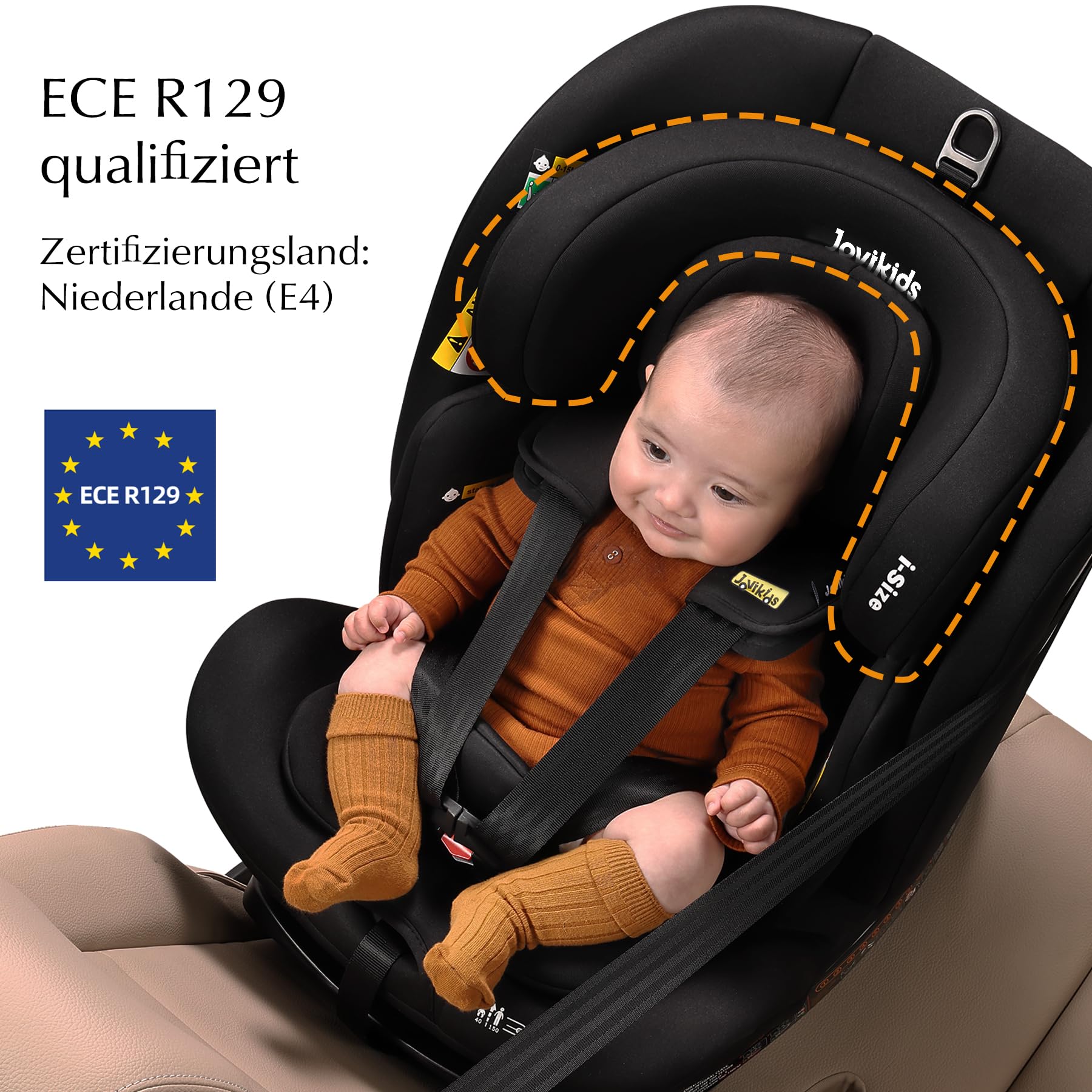 Jovikids 360° Drehbar Kindersitz mit ISOFIX und Ruheposition, i-Size(ECE R129) 40-150cm(0-36kg) Reboarder Baby Autositz, ab Geburt -12 Jahre (schwarz)