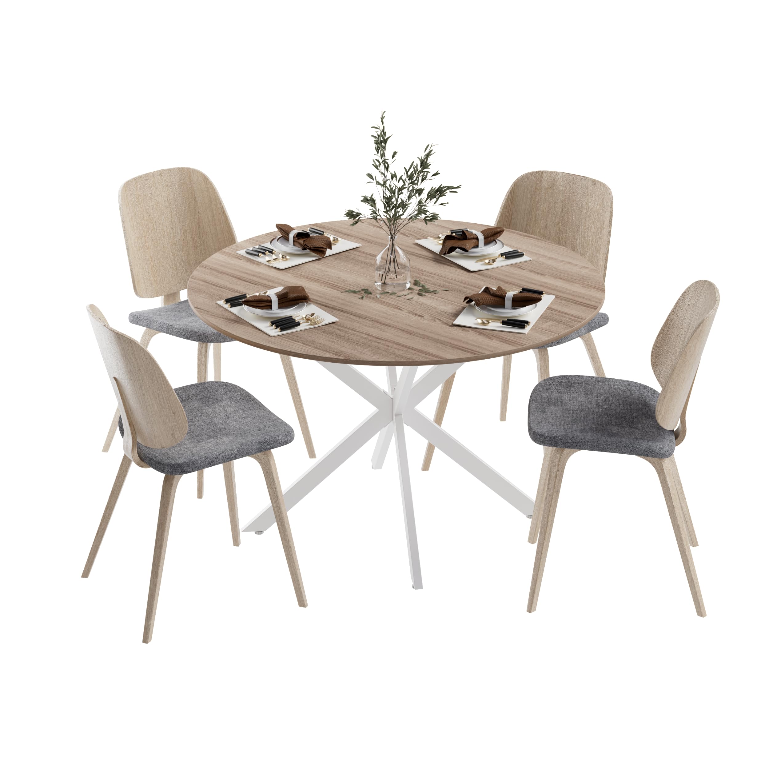 MSFE Table de Salle à Manger Ronde 120 cm, Table de Cuisine Rétro pour Salle à Manger avec Pieds en Métal Noir et Finition Noyer Naturel Délavé,Capacité 4-6 Personnes, Pieds de Table Blancs