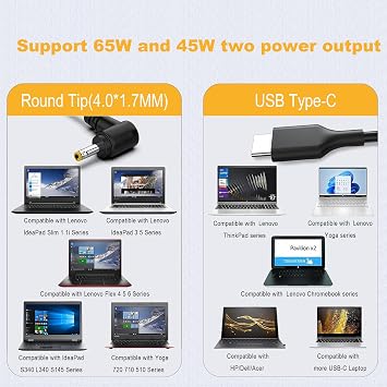 Charger Compatible with Lenovo Laptop Computer-2 Tips 65W 45W USB C Laptop Charger and Round Tip 4.0 * 1.7mm IdeaPad AC Adapter