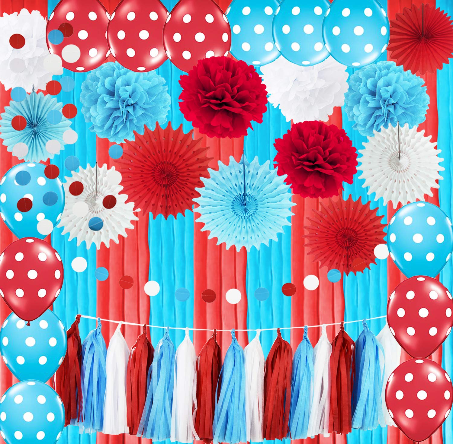 Dr Seuss Birthday Party Decorations/Dr Seuss Baby Shower Decorations/Thing One and Thing Two Birthday Decorations Dr. Suess Cat in The Hat Theme Party /Turquoise White Red Polka Dot Balloons