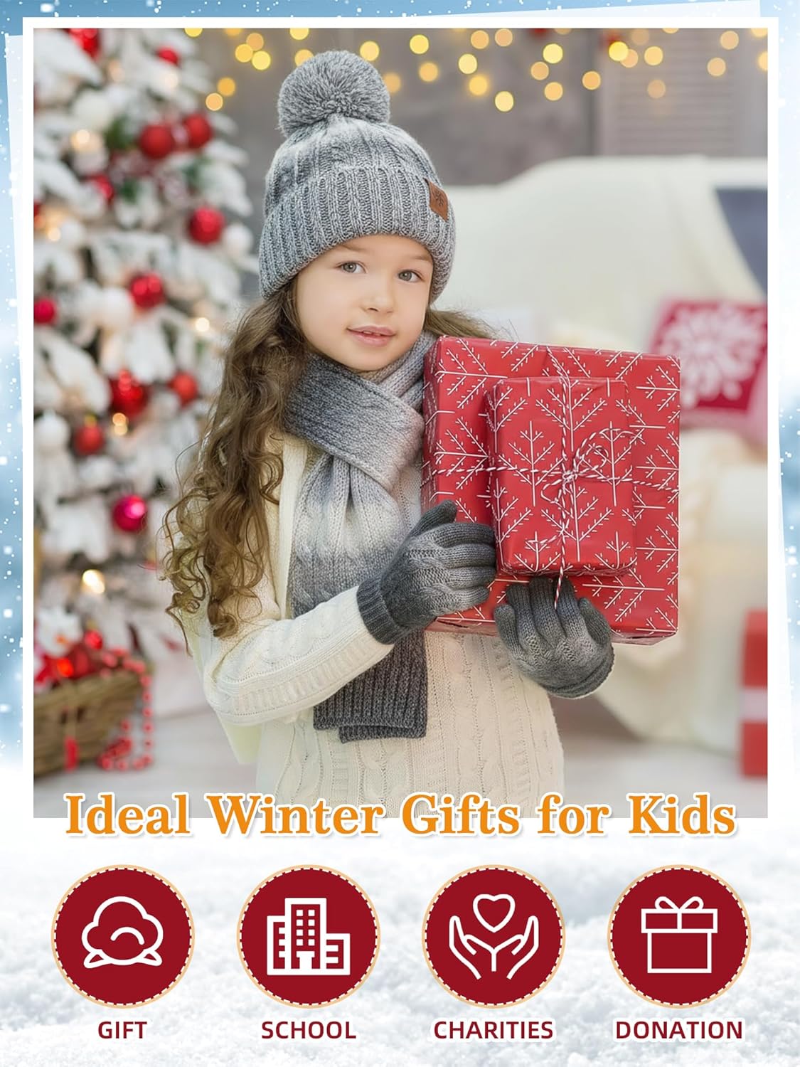 ShinyMarch Kids Winter Hat Scarf Gloves Set Thick Thermal Lined Beanie with Pom Warm Neck Gaiter Knit Mittens for Boys Girls - Image 5