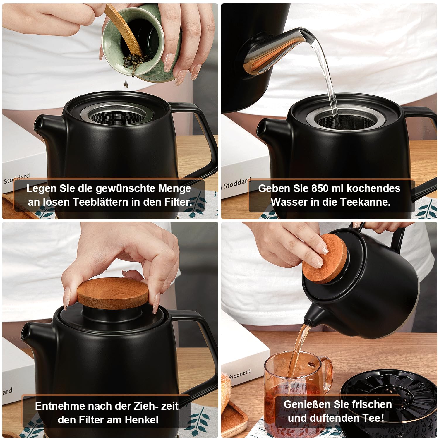 Teekanne Keramik mit Siebeinsatz und Stövchen 850ML, Teekanne mit Sieb Herausnehmbar-Schwarz