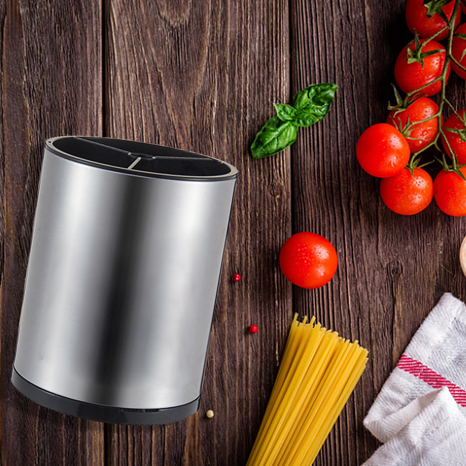Syfunlv Contenitore per utensili, portautensili girevole a 360° in acciaio inox 8,2 x 6,7 pollici con fondo di scarico, divisorio rimovibile