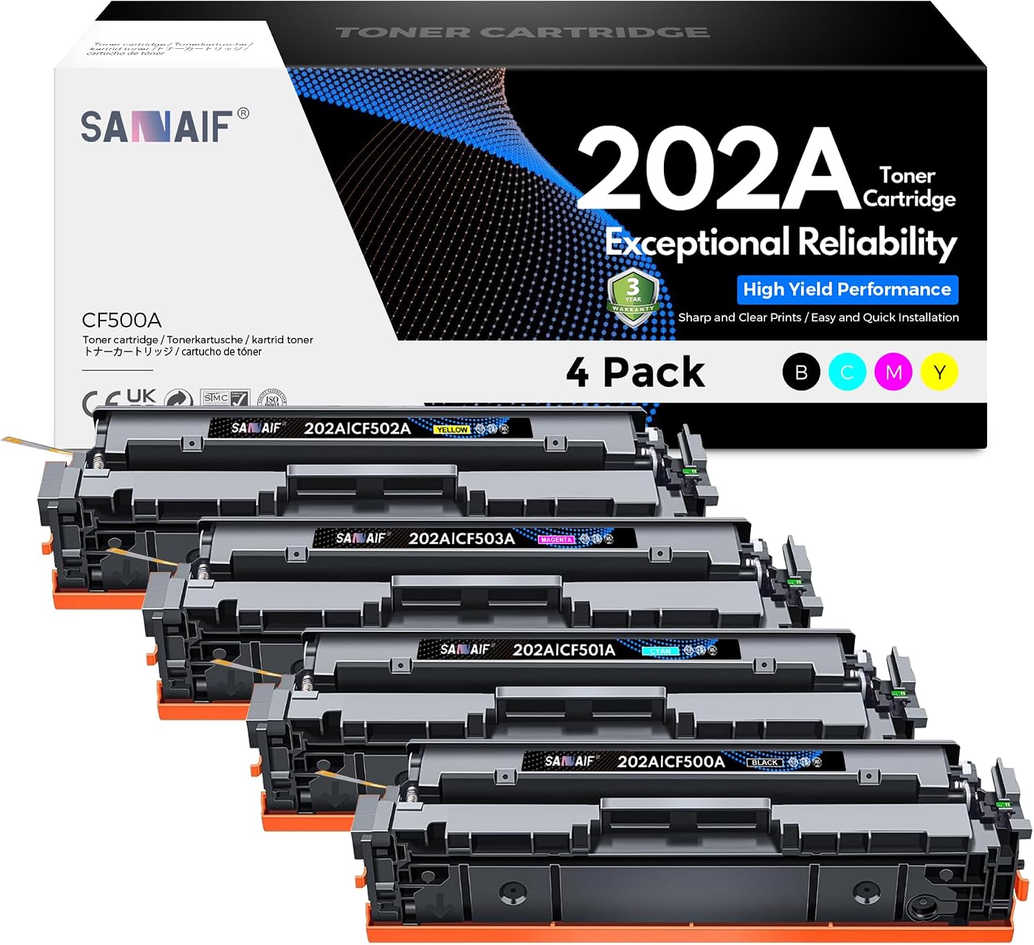 202A CF500A Black Cyan Magenta Yellow Toner Cartridges Set (4-Pack) Compatible for hp 202A CF500A CF501A CF502A CF503A Work with hp Color LaserJ Pro M254dw M254dn; MFP M280nw M281fdn M281 Printers
