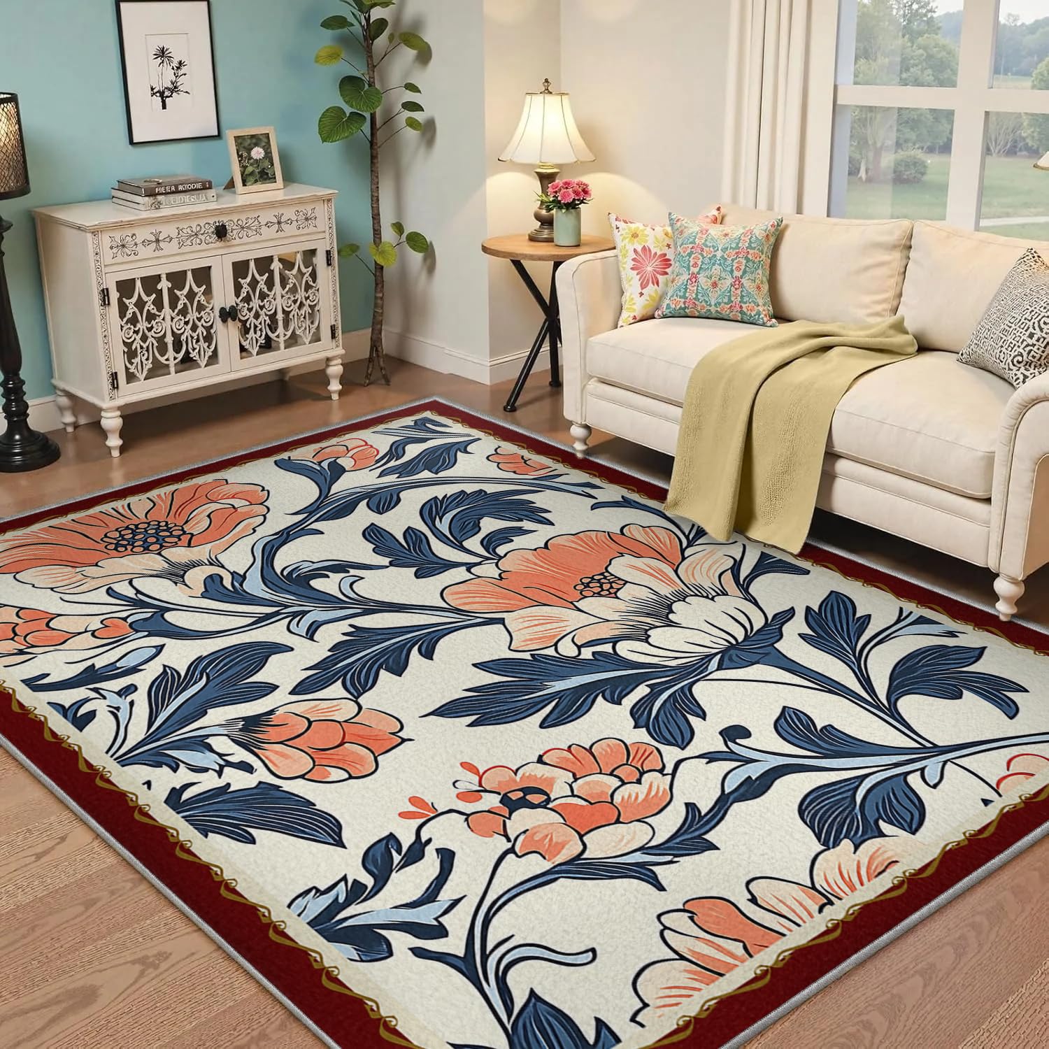 Tapis bohème 60x120cm fleuri et lavable pour salon et chambre