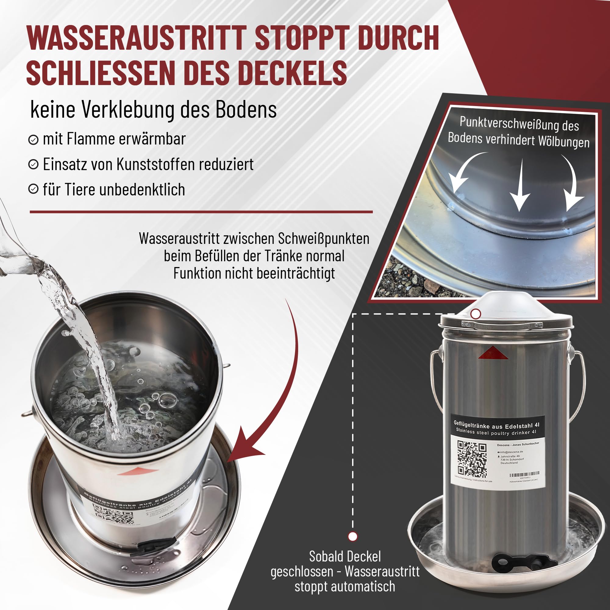 Descena Hühnertränke Edelstahl 4L – Geflügeltränke von Oben befüllbar | Rostfreier Edelstahl 304 (V2A), automatische Wasserregulierung, spülmaschinengeeignet, Tränkenwärmer-kompatibel