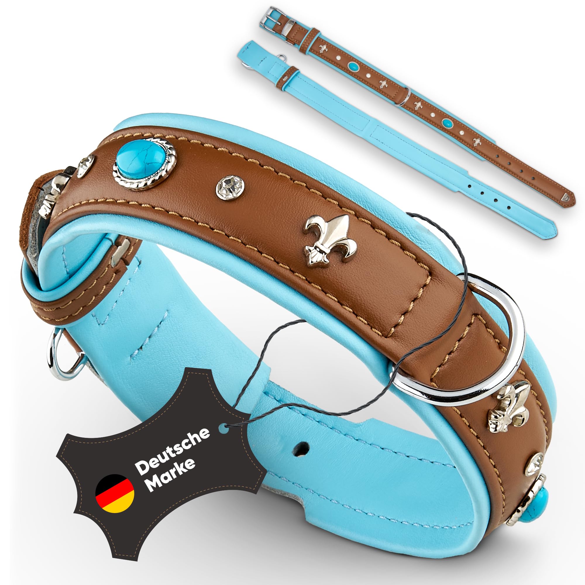 MICHUR Nizza Lagune Hundehalsband Leder, Lederhalsband Hund, Halsband, Braun Blau, Leder, mit Lilien,Strasssteinen und großem Kristall, in verschiedenen Größen erhältlich