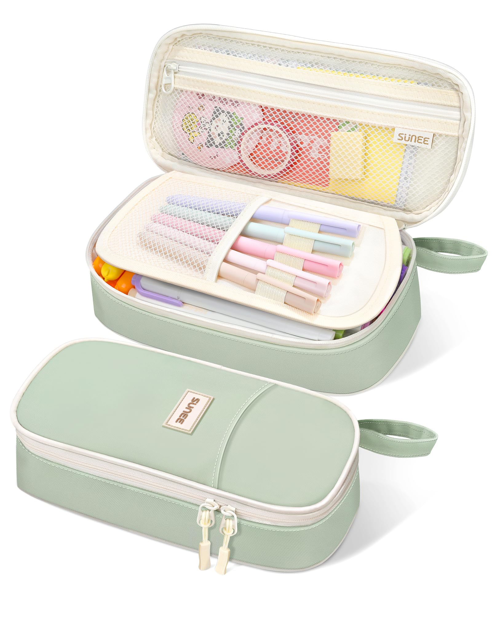 SUNEE Cute Pencil Case, Aesthetic Pen Pouch, Colored Large Pencil Bag with Zipper, Kawaii Stationery Storage and Organizer, Green School Supplies for Teen and Adult Girls