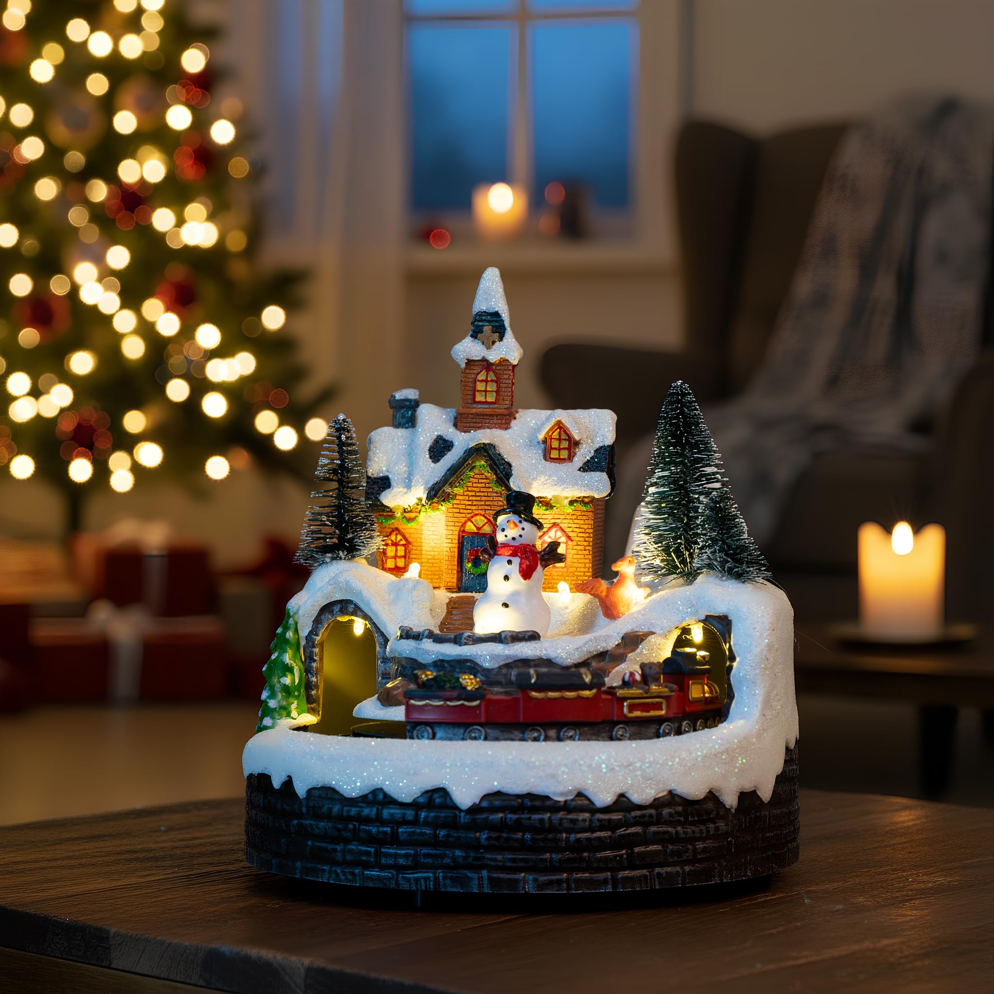 Candieslife Decoraciones musicales animadas de muñeco de nieve de Navidad, tren giratorio con luces cálidas para regalo de decoración de Navidad, adornos decorativos de Navidad de mesa