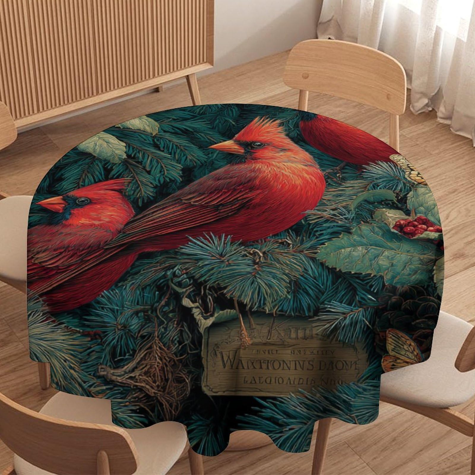 LUYYSKY Retro Realistic Red Bird Round Tablecloth Classic Natural Spring Plant Green Leaves Animal Bird Butterfly Patter Washable Decor for Table Cover for Kitchen-127 Wx127 L cm