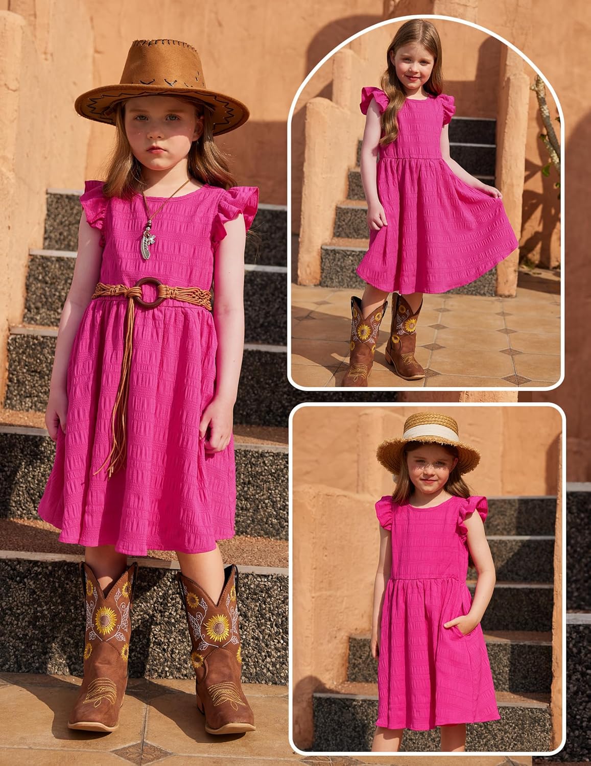 Arshiner Girls Dress Casual Ruffle Sleeveless A Line Summer Dresses with Pockets 4-12 Years 8 Rose Red image 4 of 6 B0CQRCJJHC