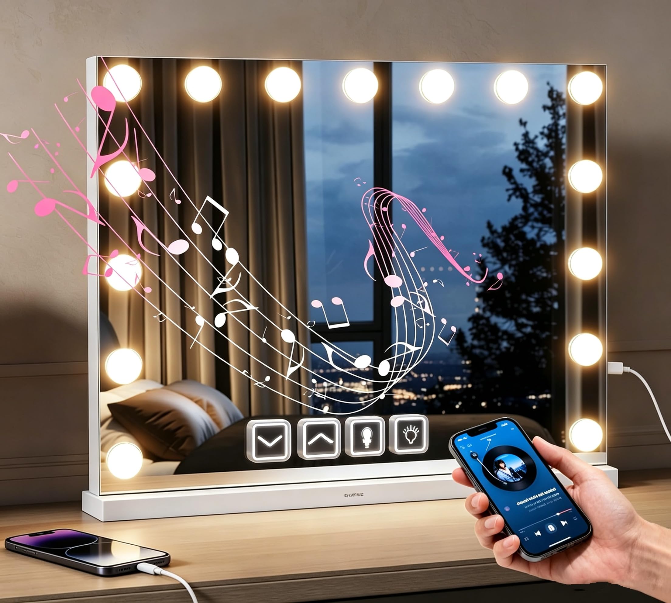 Specchio da trucco con illuminazione, 58 x 45 cm, Hollywood, con 15 lampade, Bluetooth, 3 modalità di illuminazione, interruttore touch, porta di ricarica USB