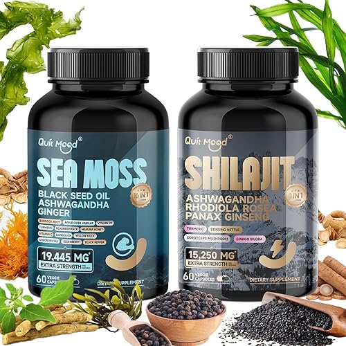 Paquete de 120 cápsulas de musgo marino y shilajit, con Seamoss, aceite de semilla negra, Ashwagandha, jengibre, raíz de bardana, cúrcuma, pimienta