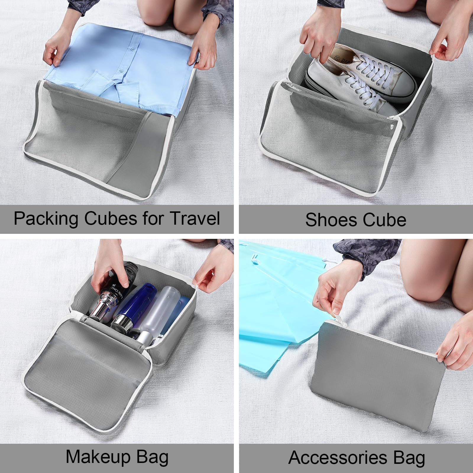 DIMJ Organizer Valigia Viaggio, Set di 10 Packing Cubes, Set da Viaggio Accessori Utili Organizer per Valigie Kit Viaggio Adatto per Valigia Viaggi in Famiglia, Grigio