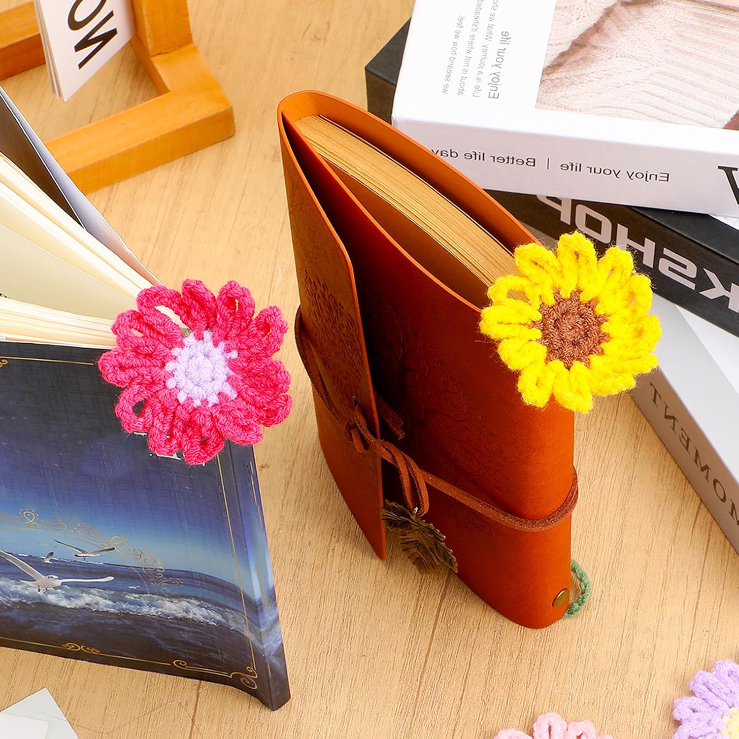 Ouligay 6 Pack Crochet Bookmarks for Women Daisy Sunflower Book Marker Personalized Handmade Cute Bookmark Gifts for Book Lovers and Teachers,Bag Charms,Keychain image 4